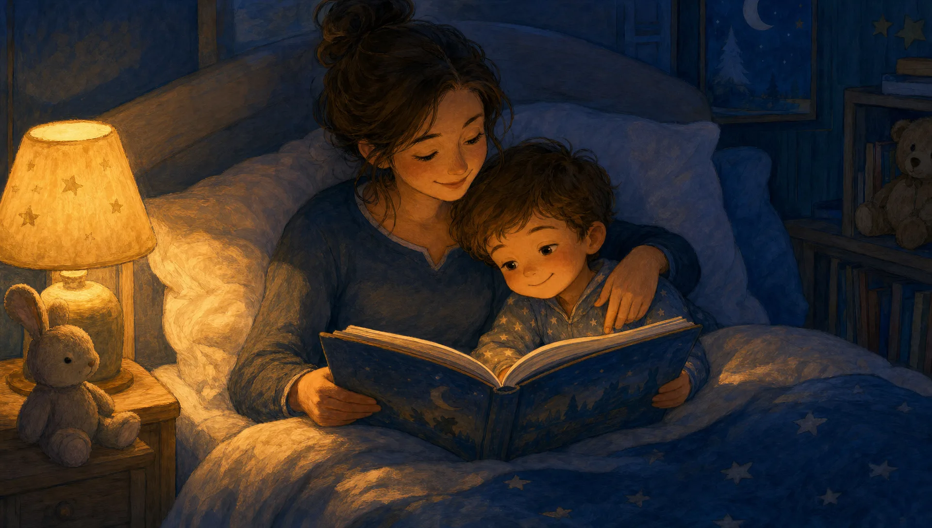 A cozy reading-in-bed scene