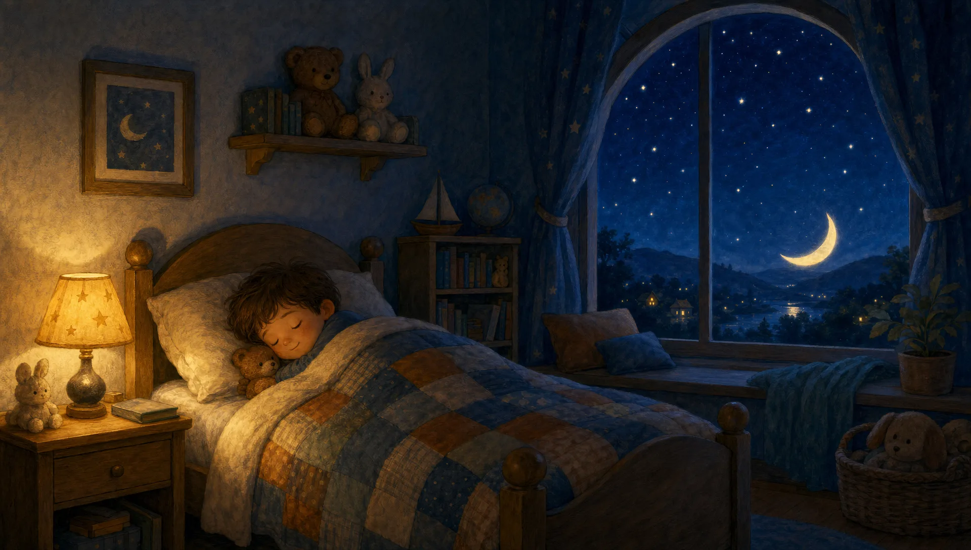 Bedroom at night with stars through the window