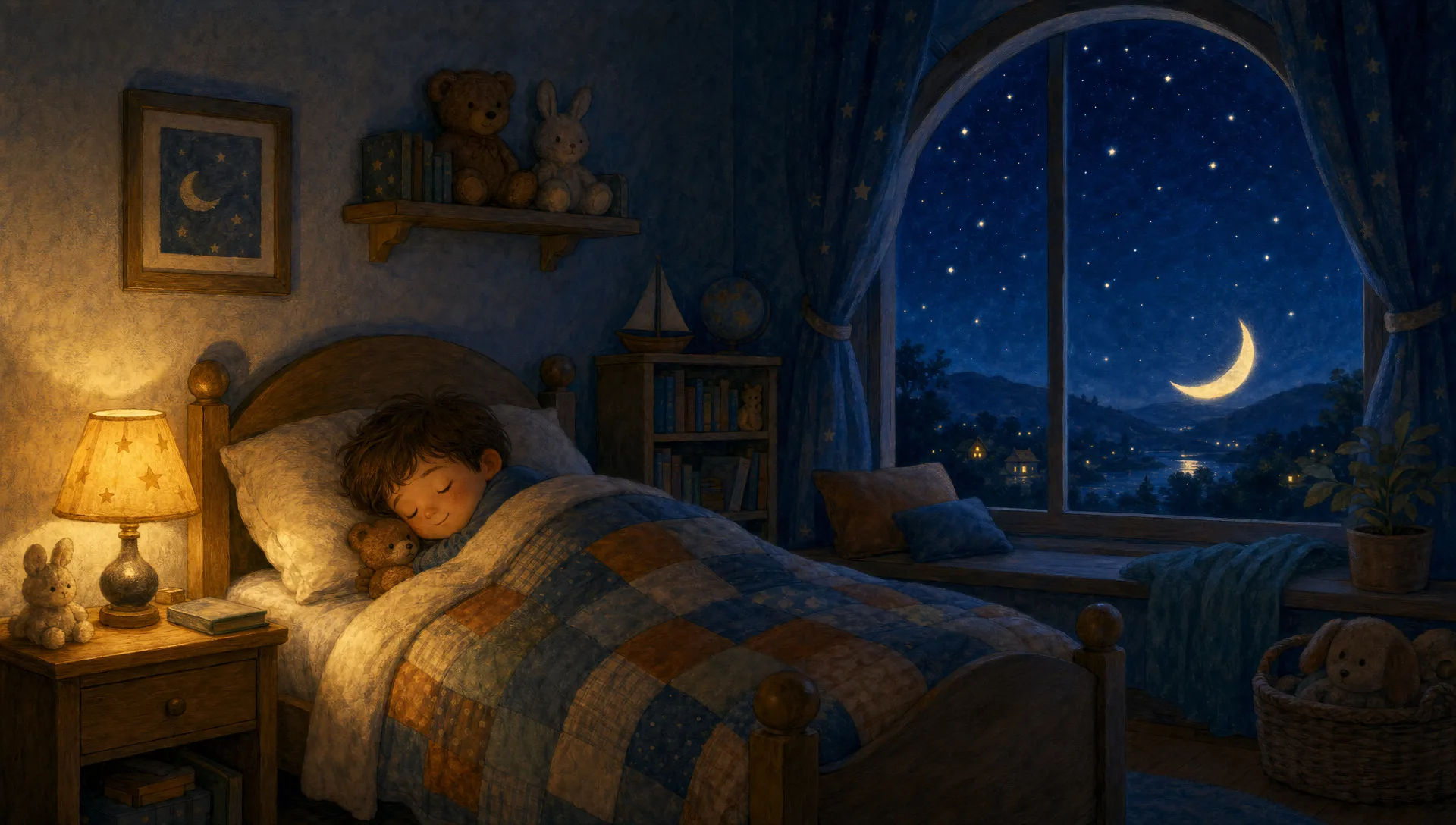 Bedroom at night with stars through the window