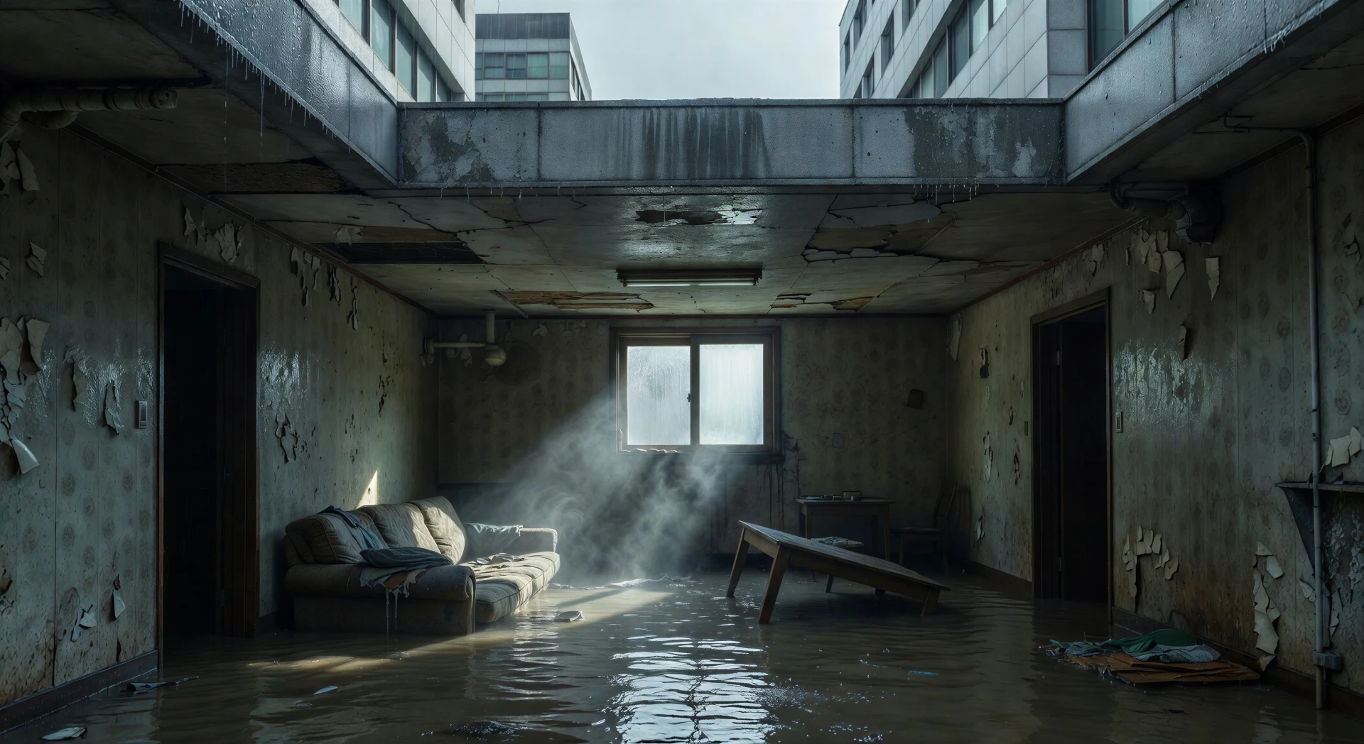 Rain-flooded basement apartment at night