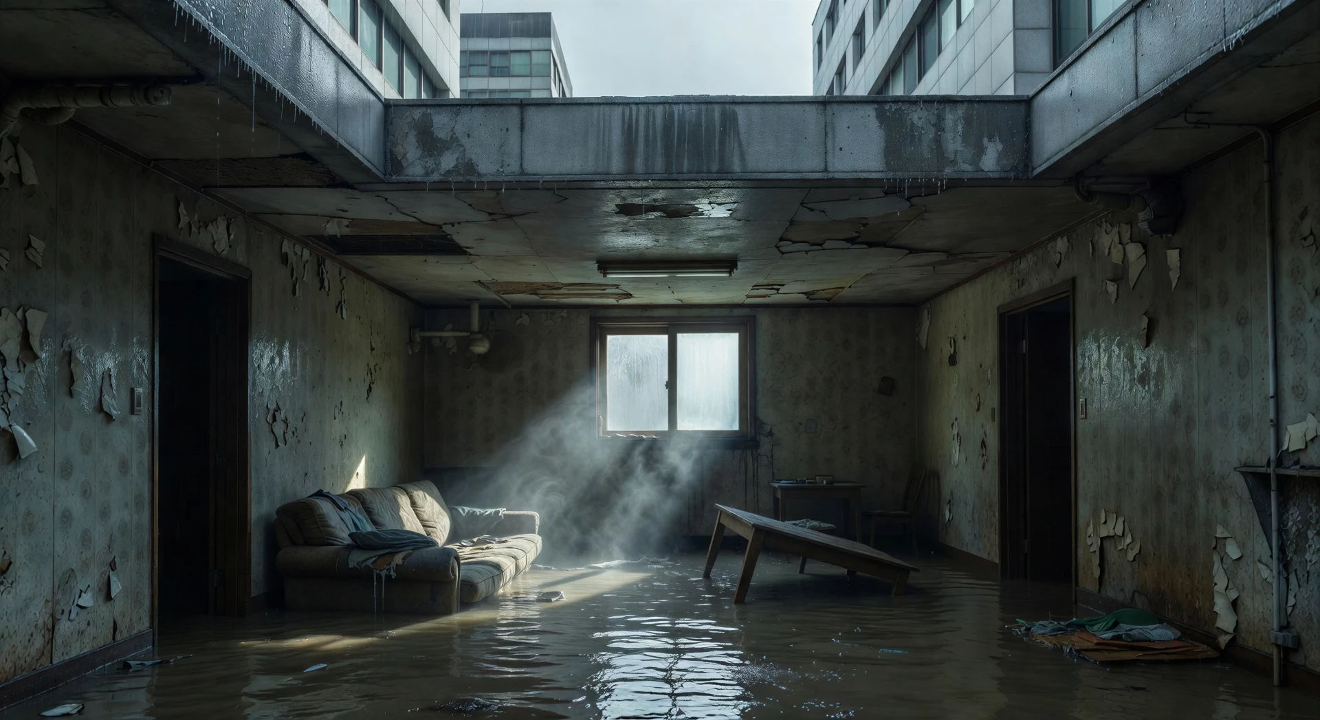 Rain-flooded basement apartment at night