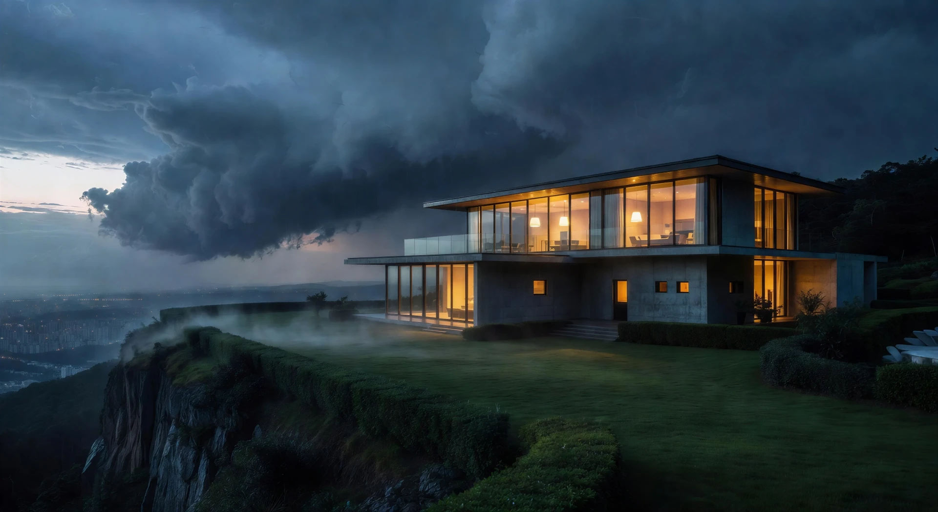 Modernist hilltop villa at dusk