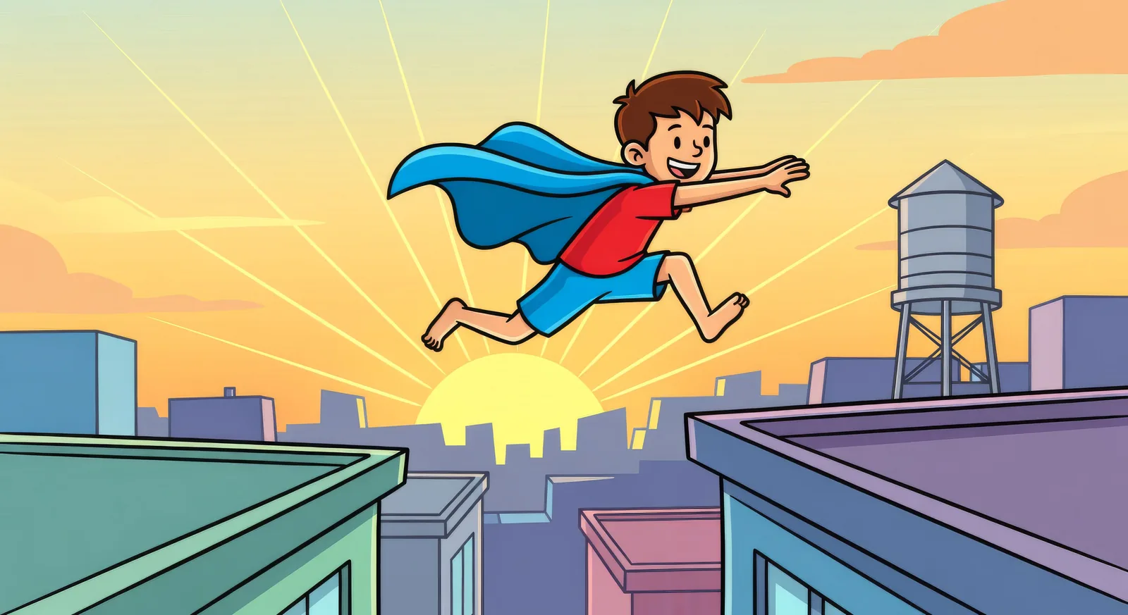 City rooftop hero leap at dawn