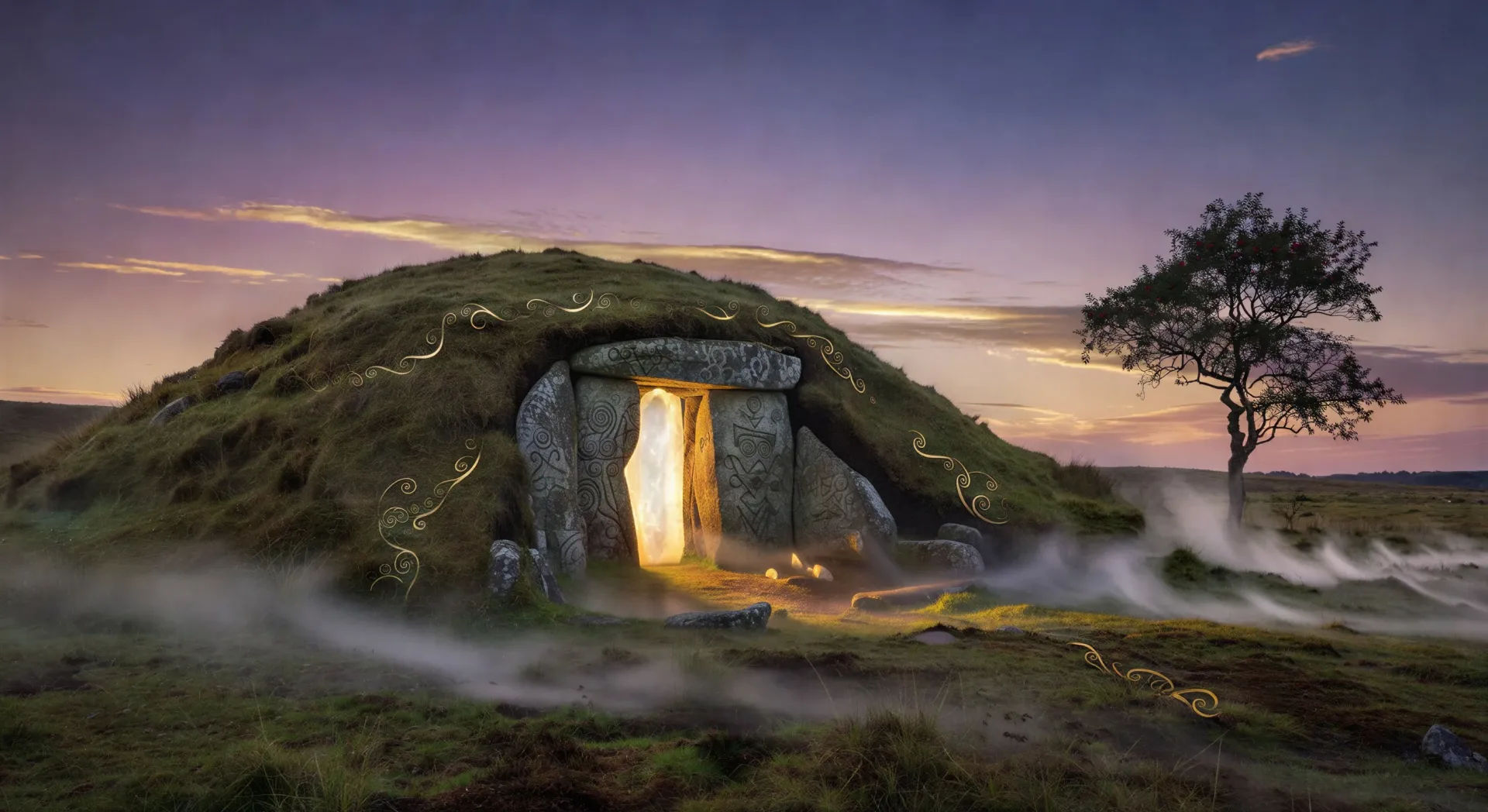 Sídhe mound opening at twilight