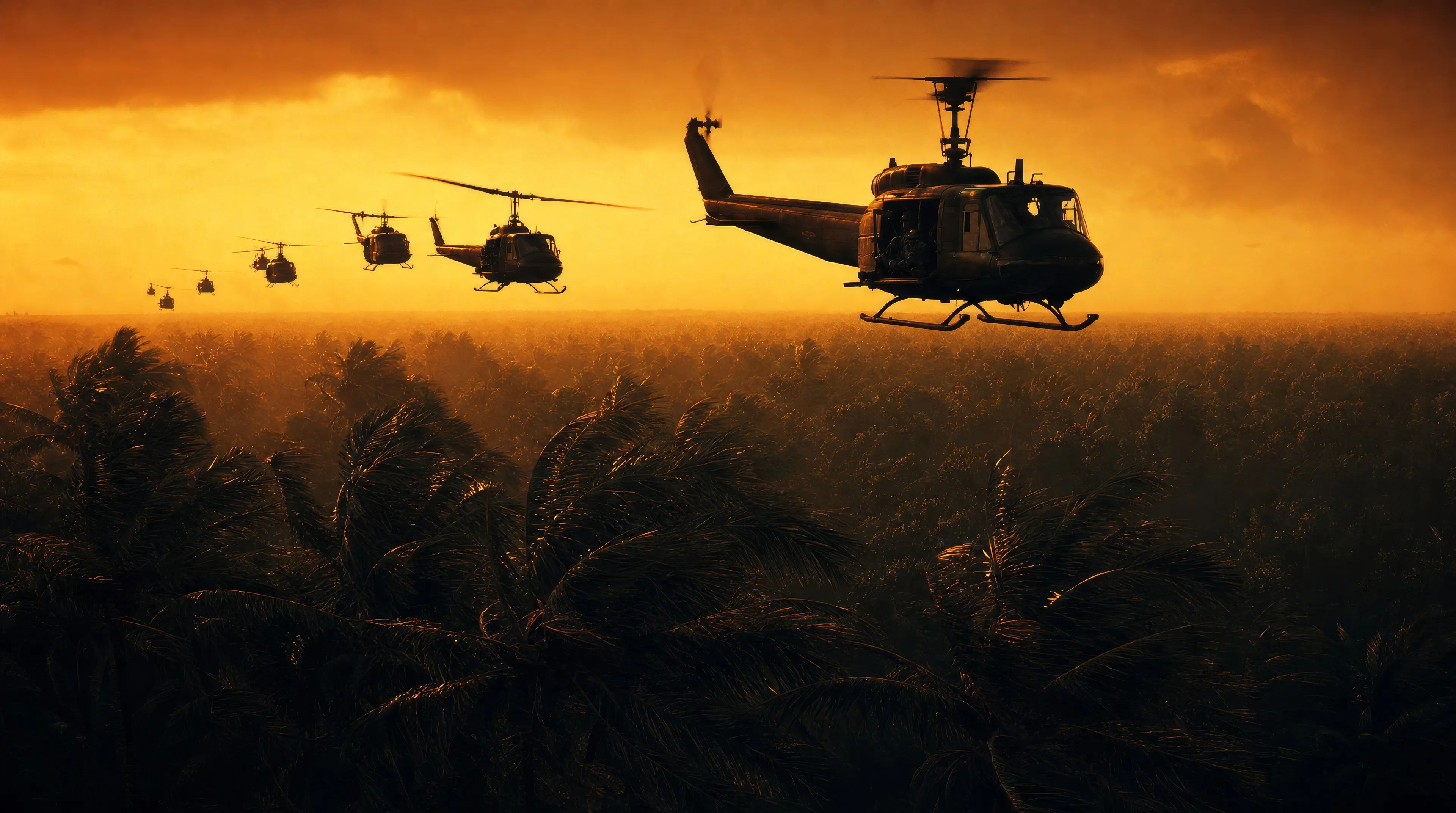 Helicopters over a jungle treeline at dawn
