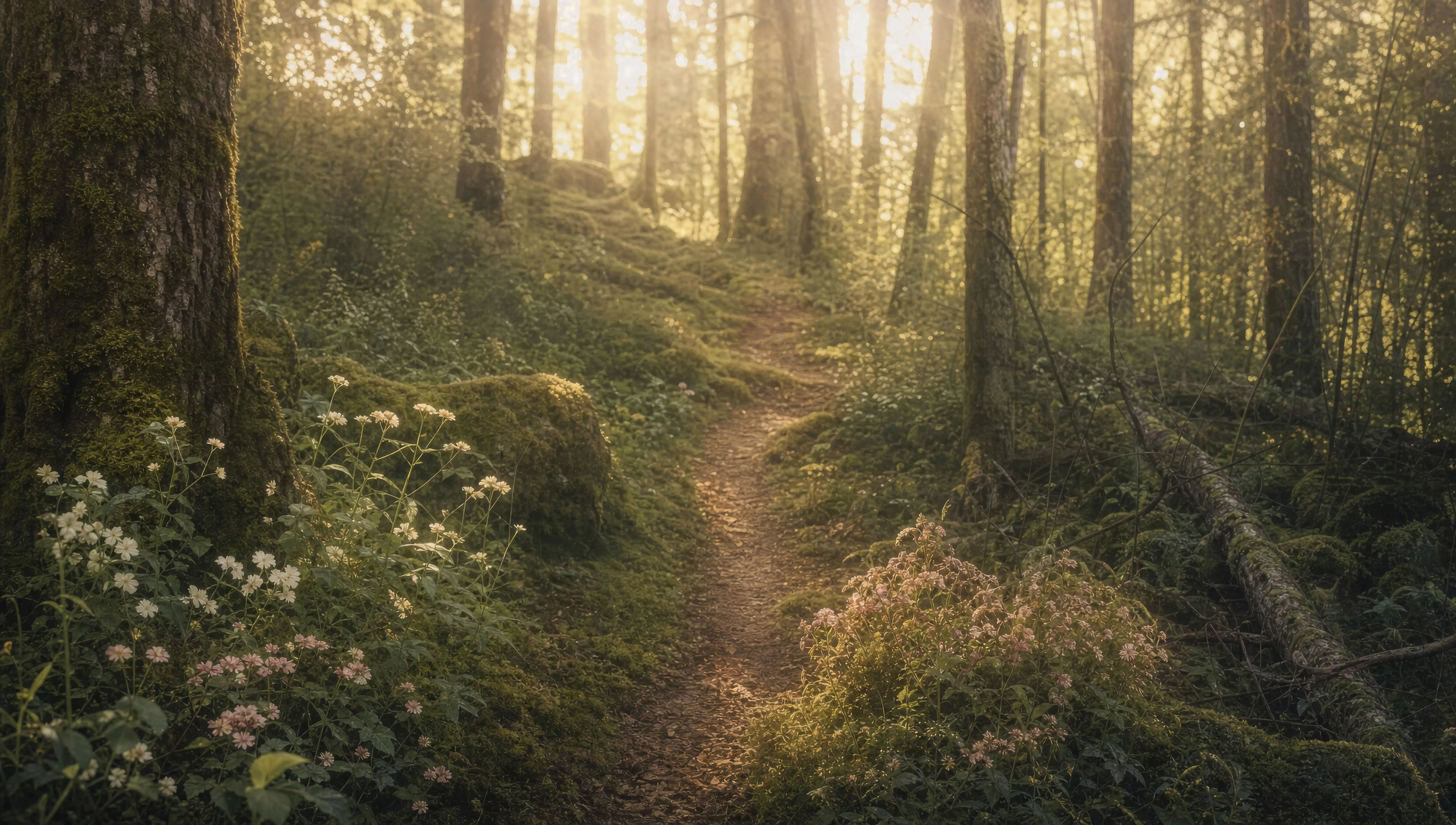 Forest path under low haze