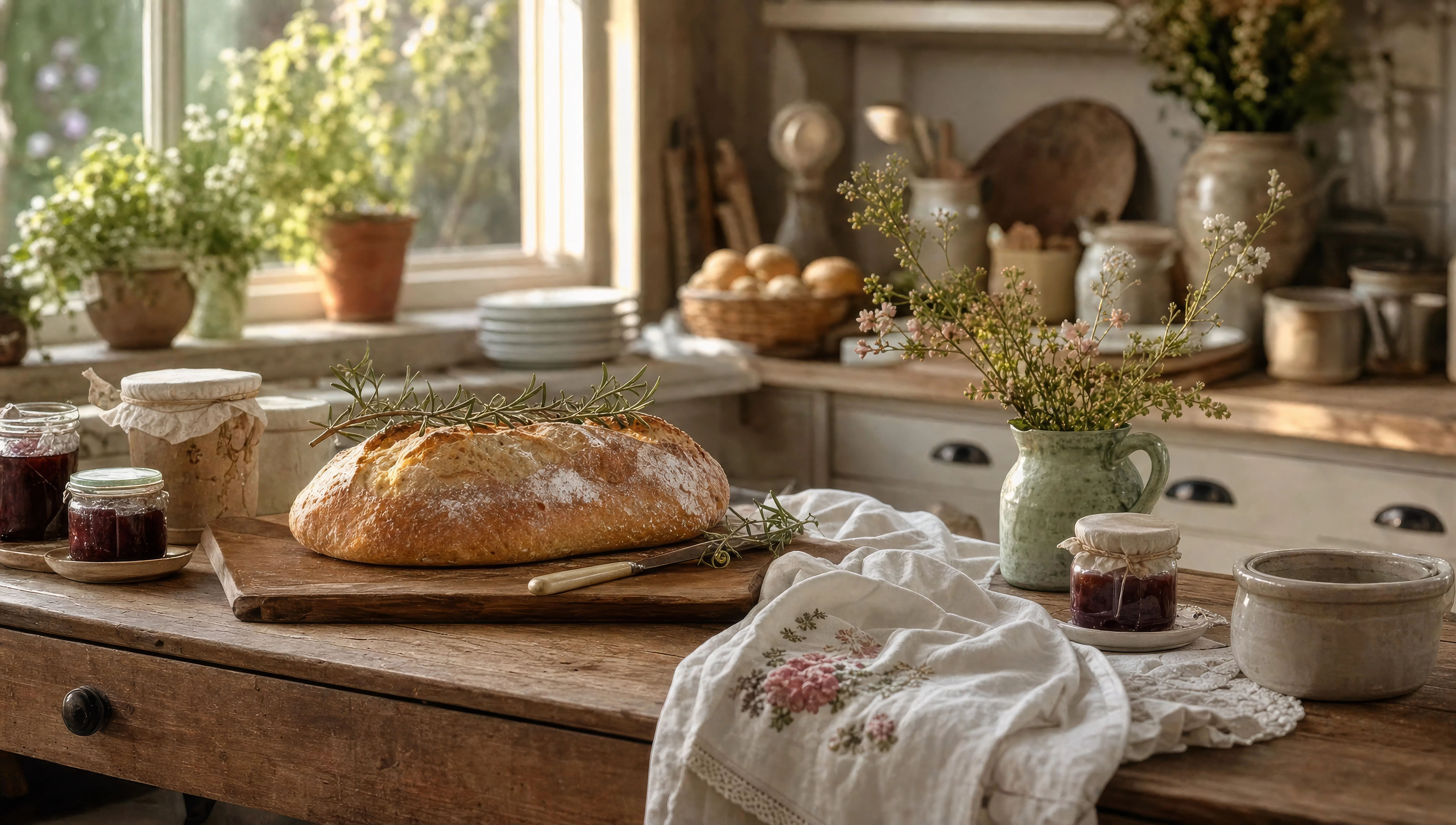 Kitchen bench with bread and linens