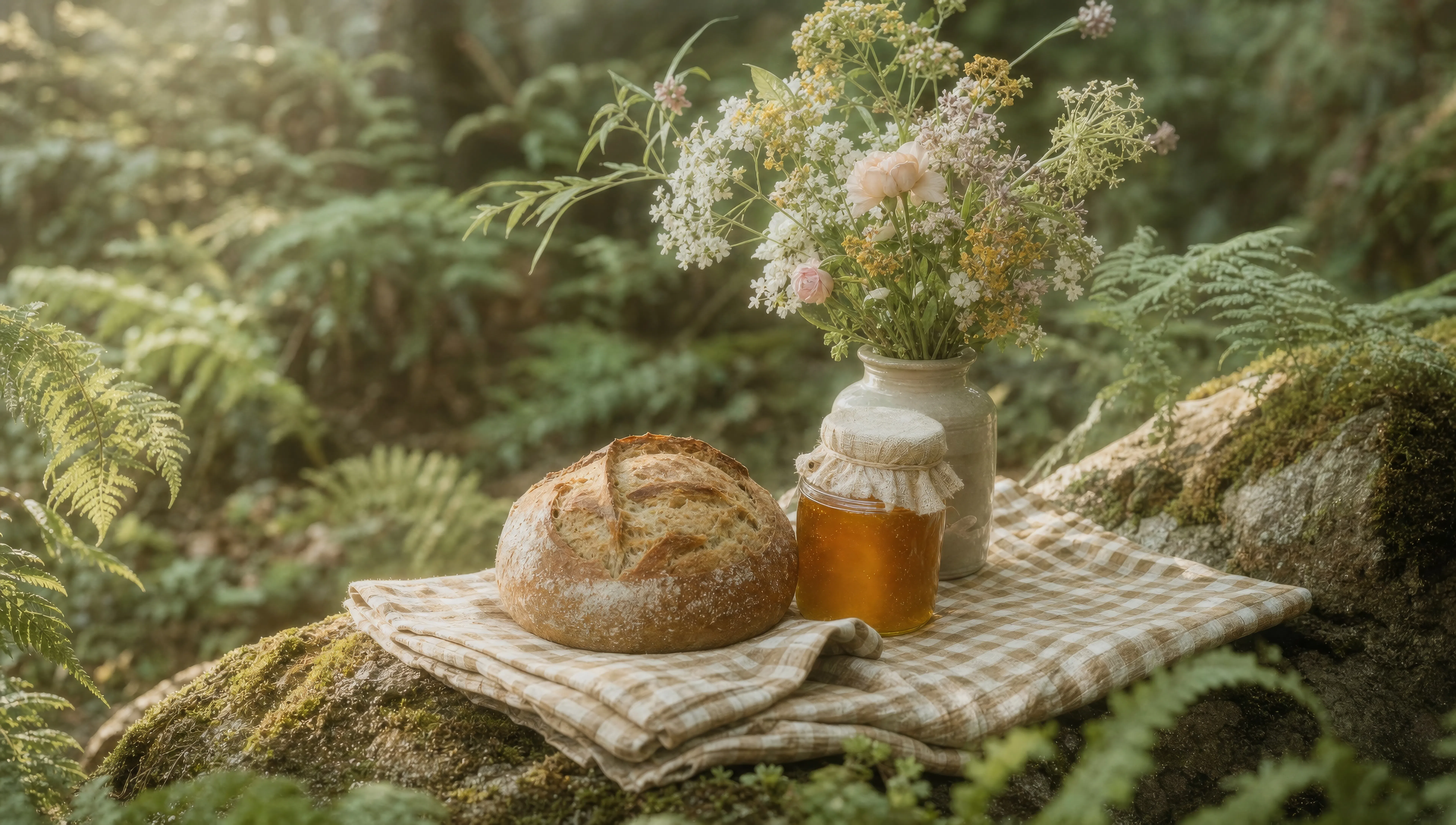 Hand-knit picnic on a mossy stone