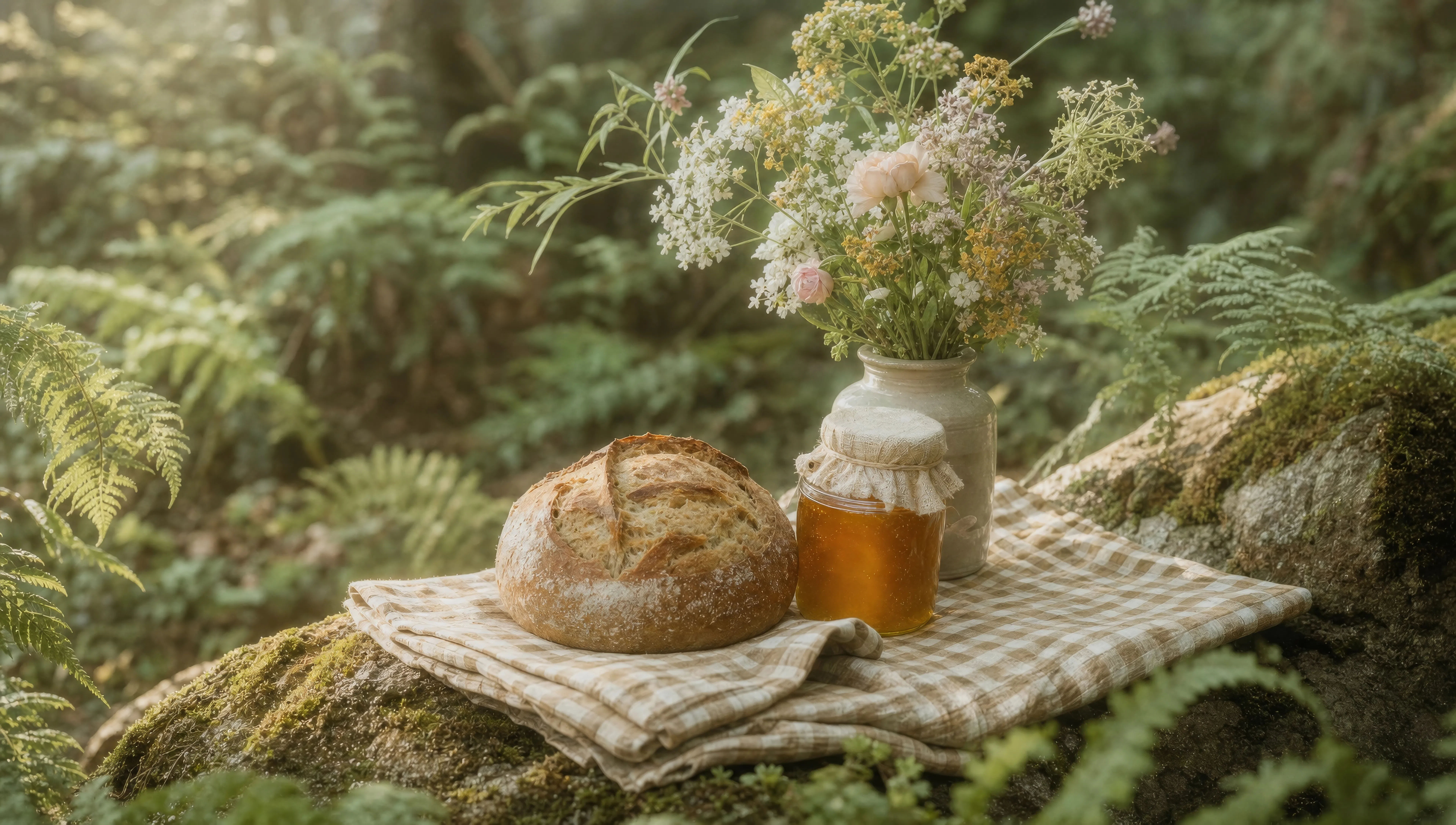 Hand-knit picnic on a mossy stone