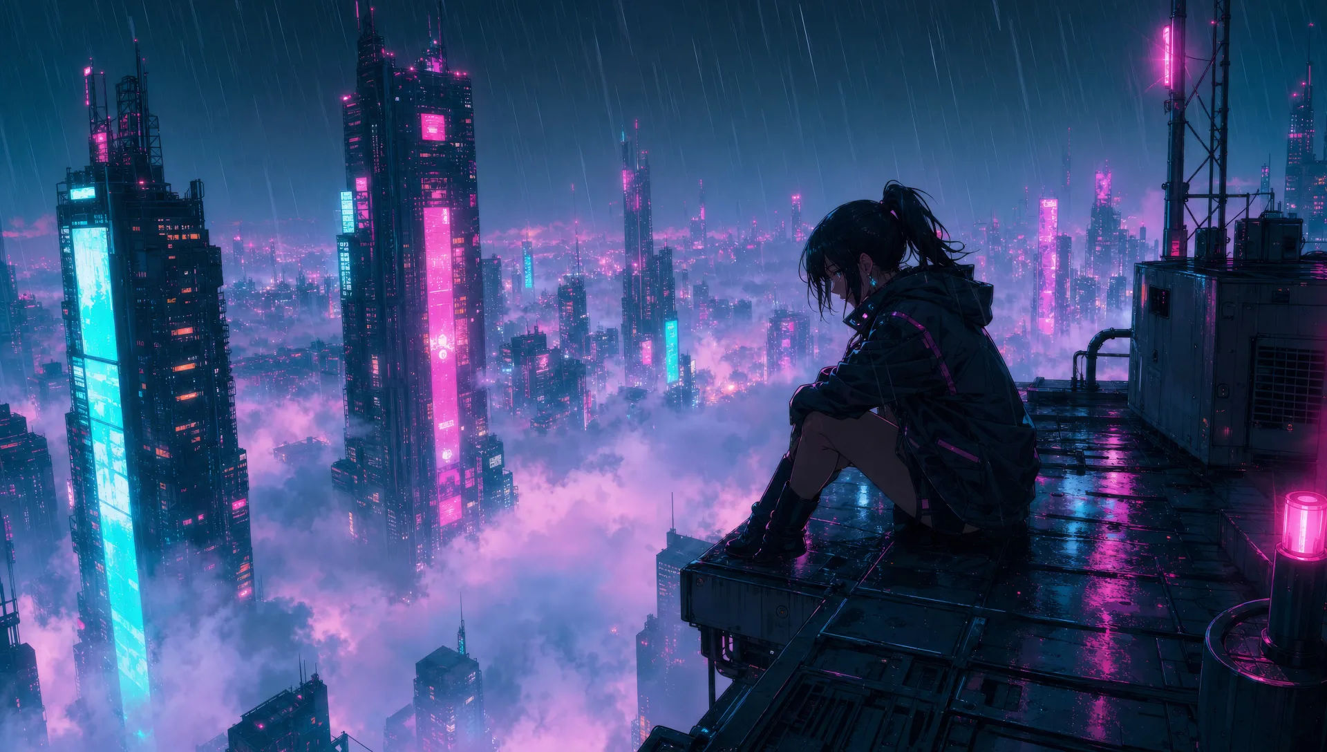 Rooftop above the magenta smog