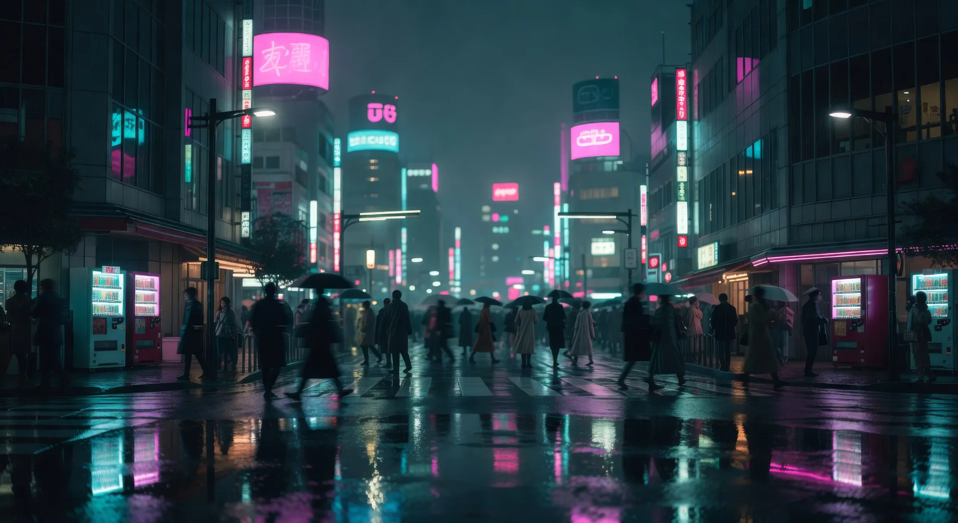 Rain-slicked Shibuya intersection