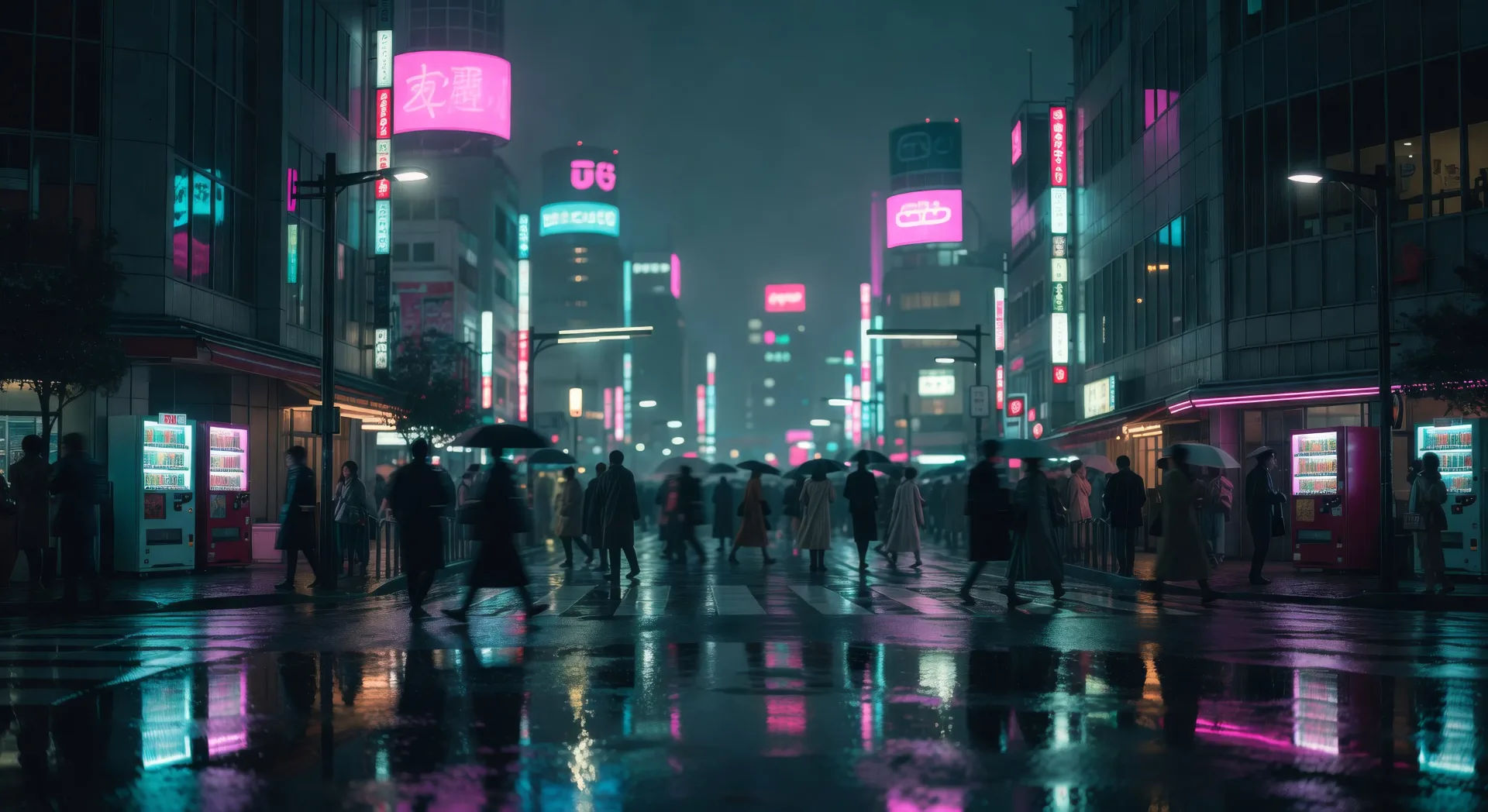 Rain-slicked Shibuya intersection