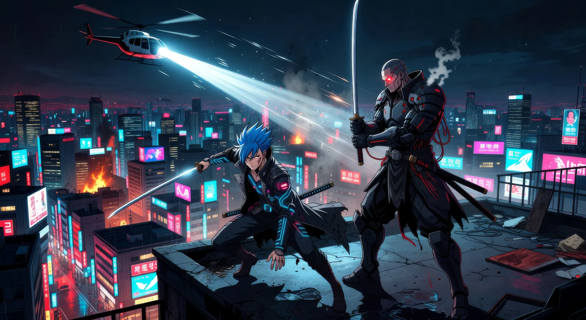 Rooftop standoff with neon below