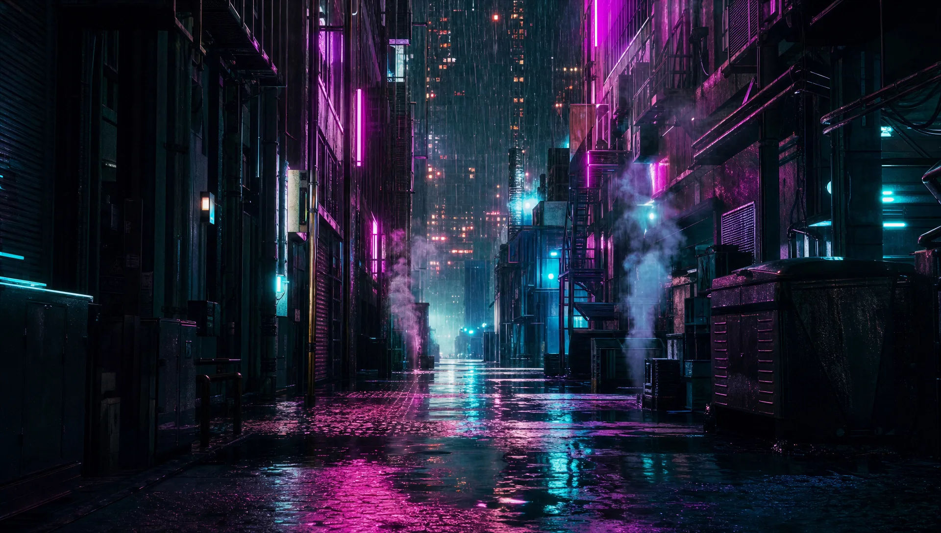 Rain-slick neon alley