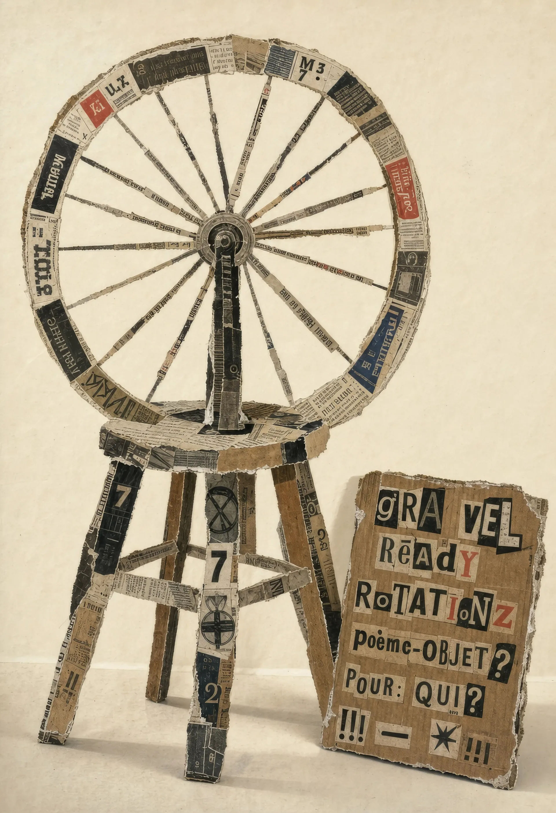 Found-object assemblage on a wooden stool