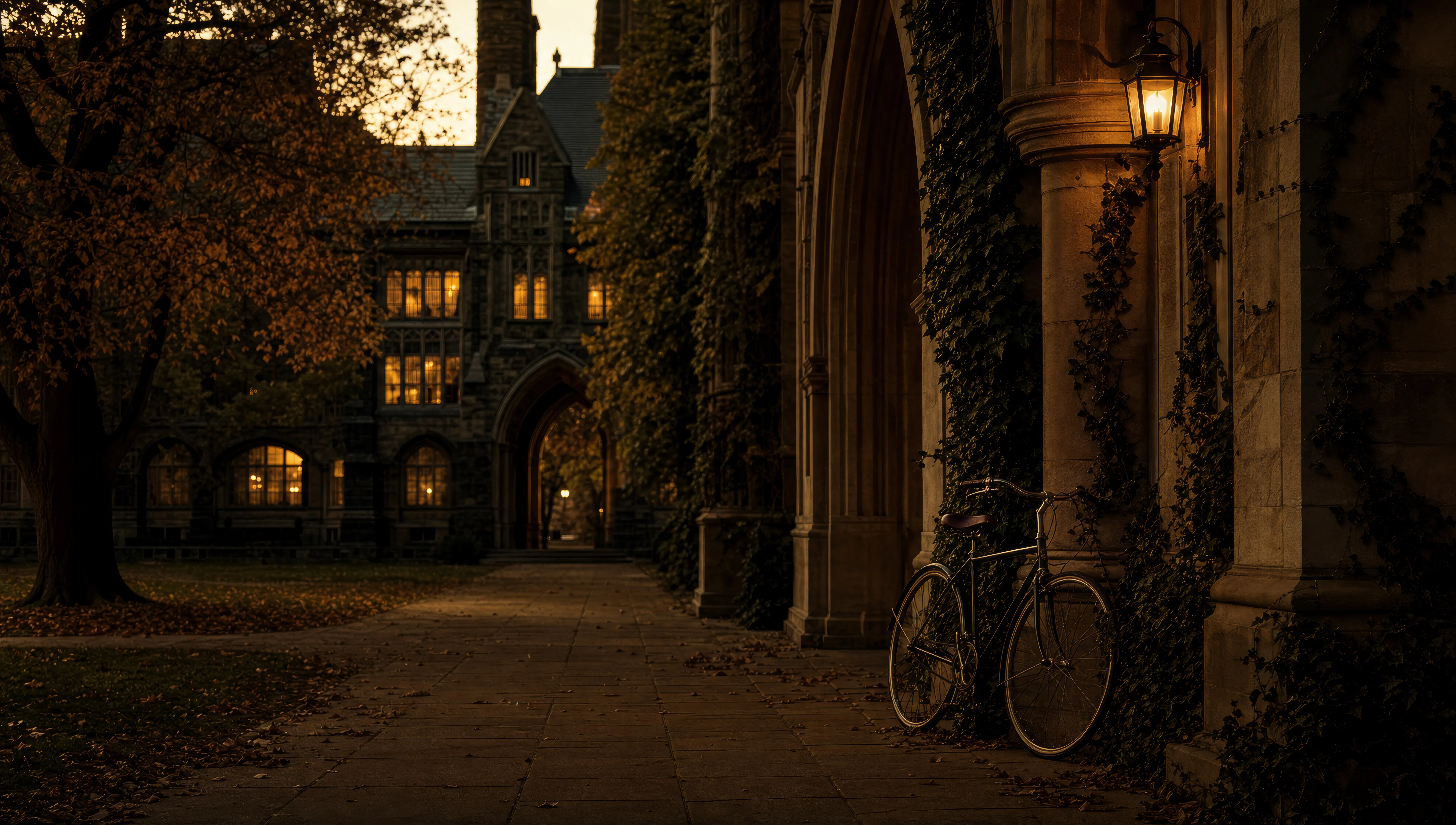 Ivy-stone quadrangle at dusk