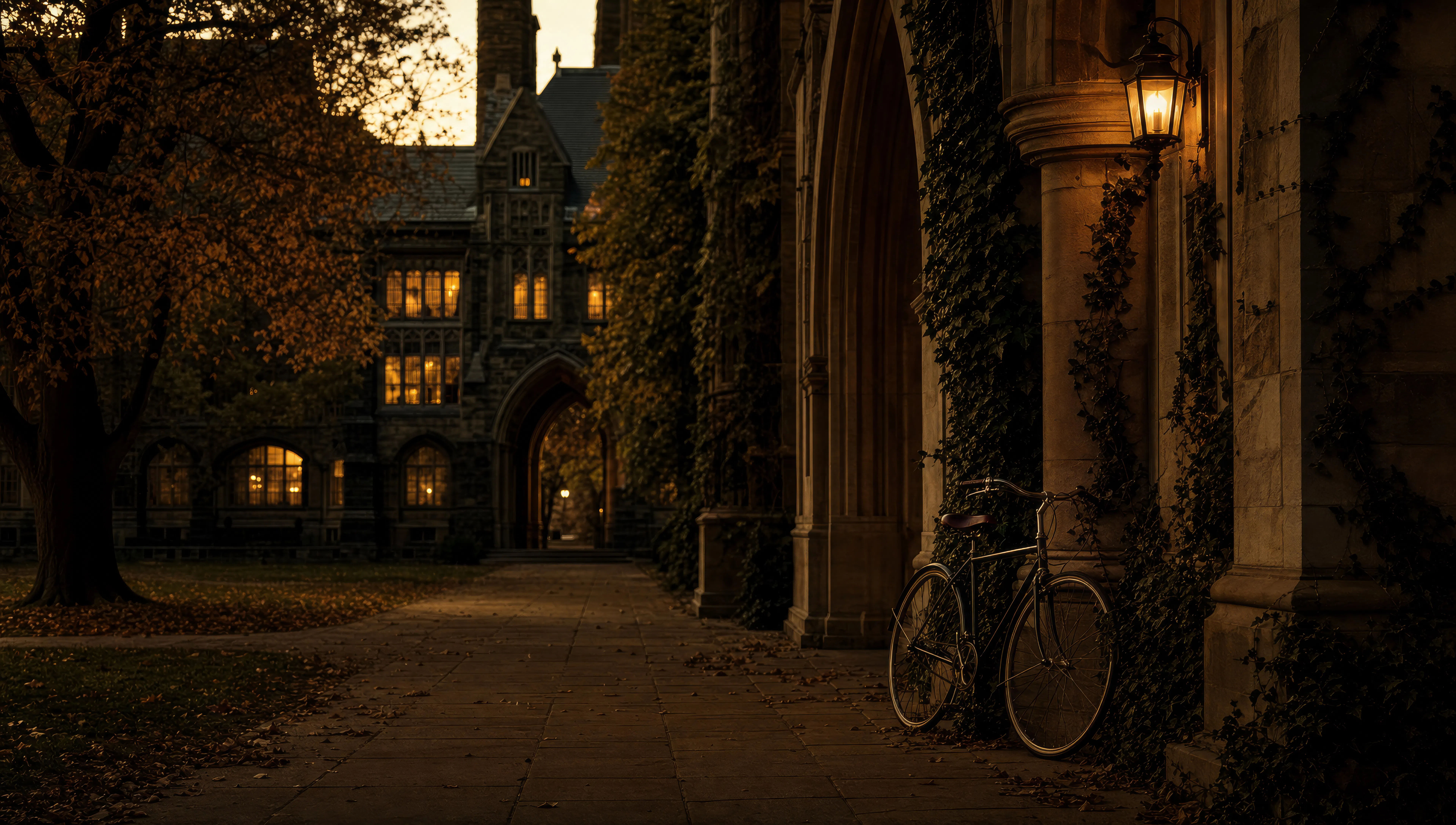 Ivy-stone quadrangle at dusk