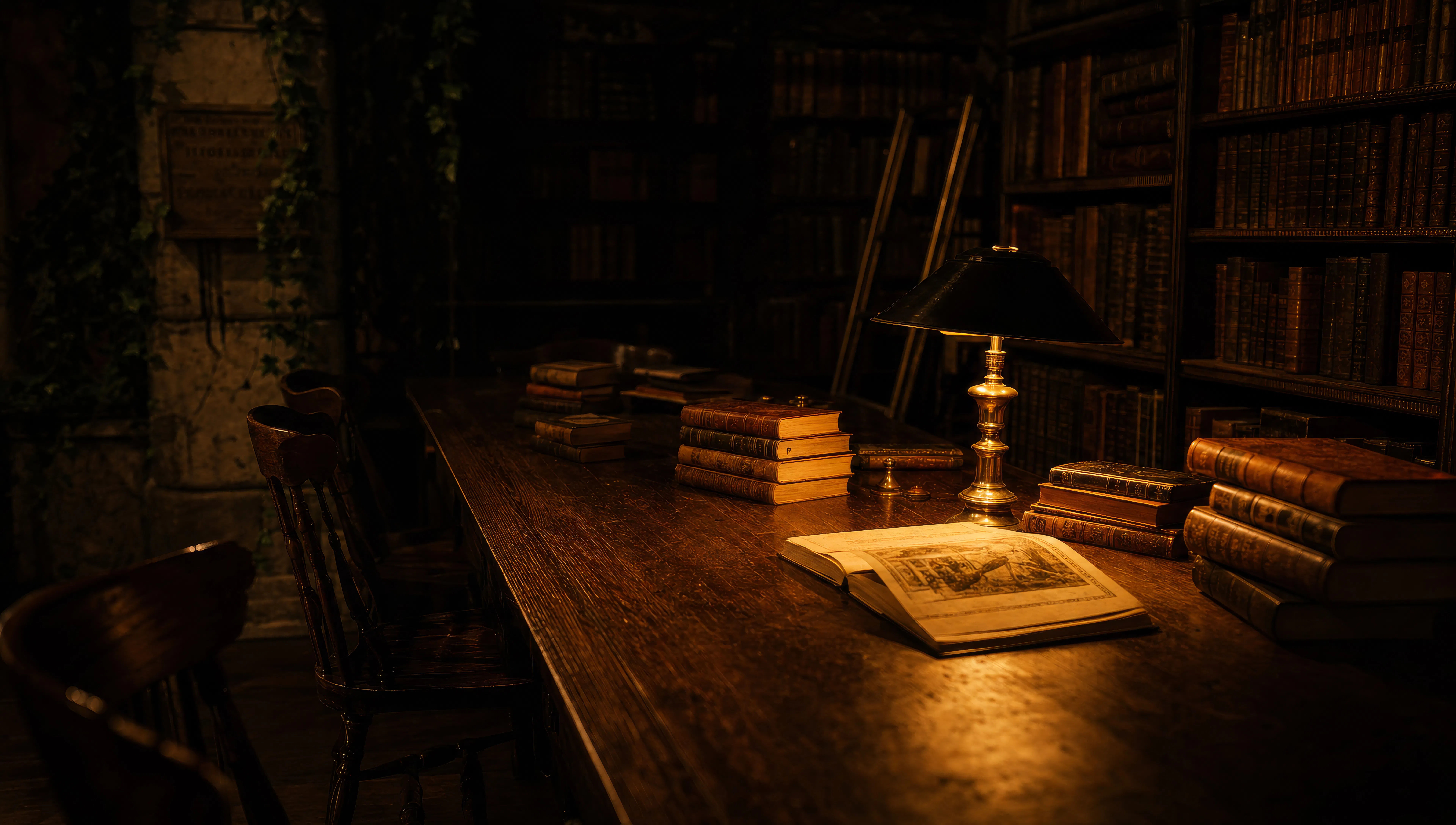Eichentisch in der Bibliothek um Mitternacht