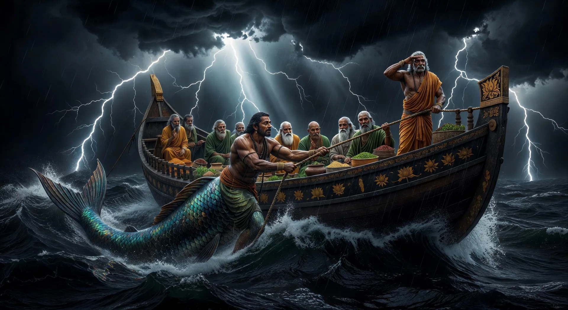 Matsya tows the boat of Manu through the flood