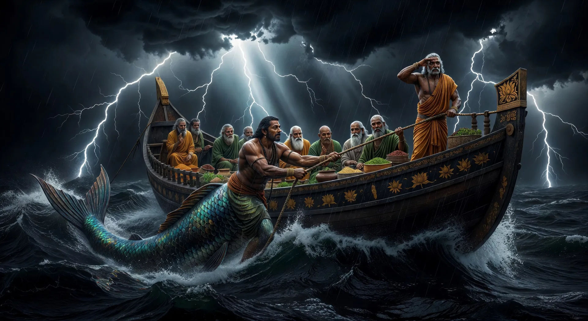 Matsya tows the boat of Manu through the flood