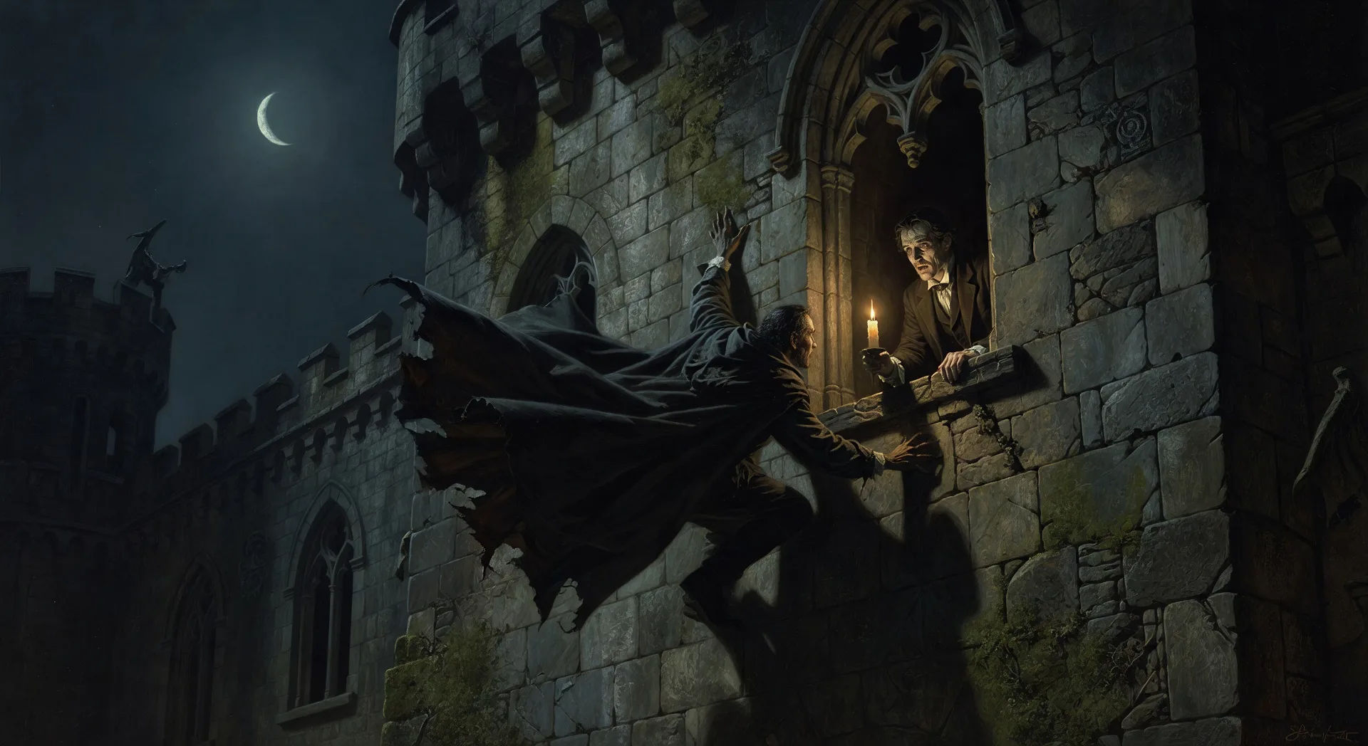 Drácula desce a parede do castelo de cabeça para baixo