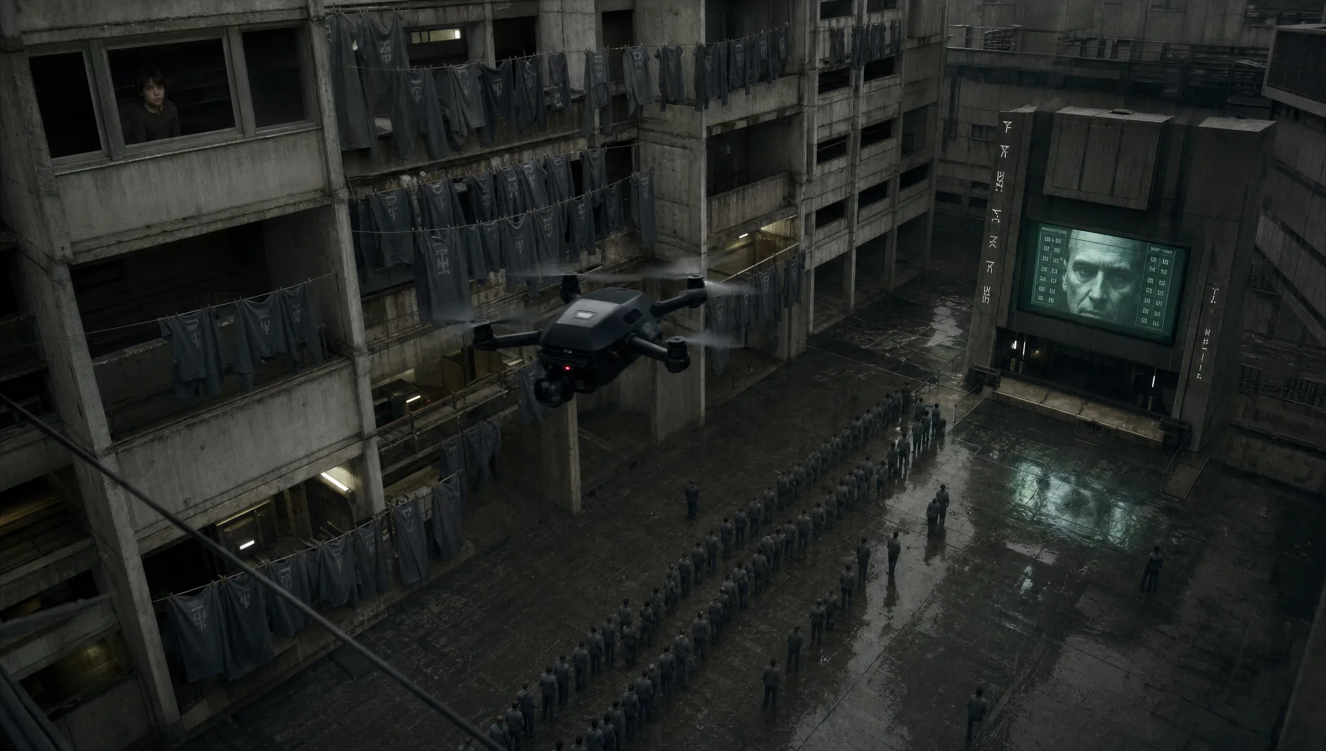 Surveillance drone over megablock courtyard