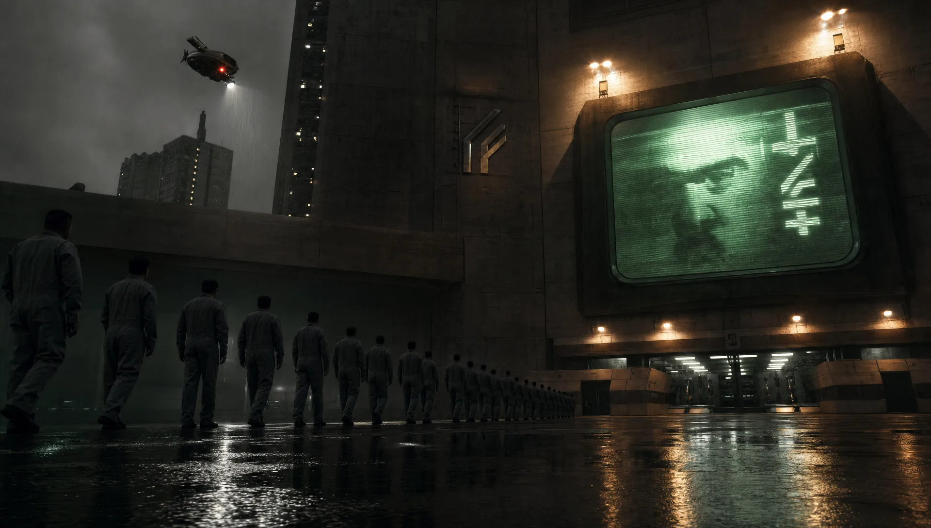 Propaganda screen on a rain-slick brutalist plaza