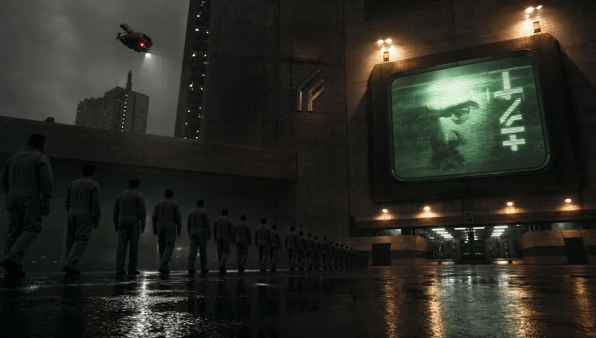 Propaganda screen on a rain-slick brutalist plaza