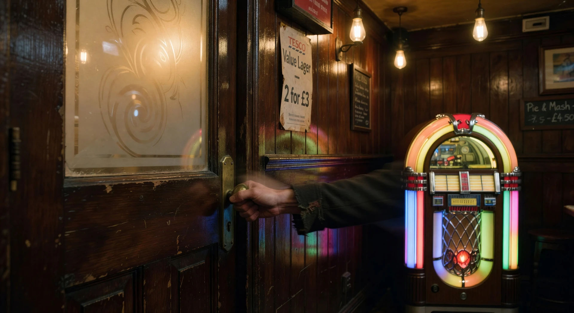 Pub door entrance choreographed to a pub-rock riff