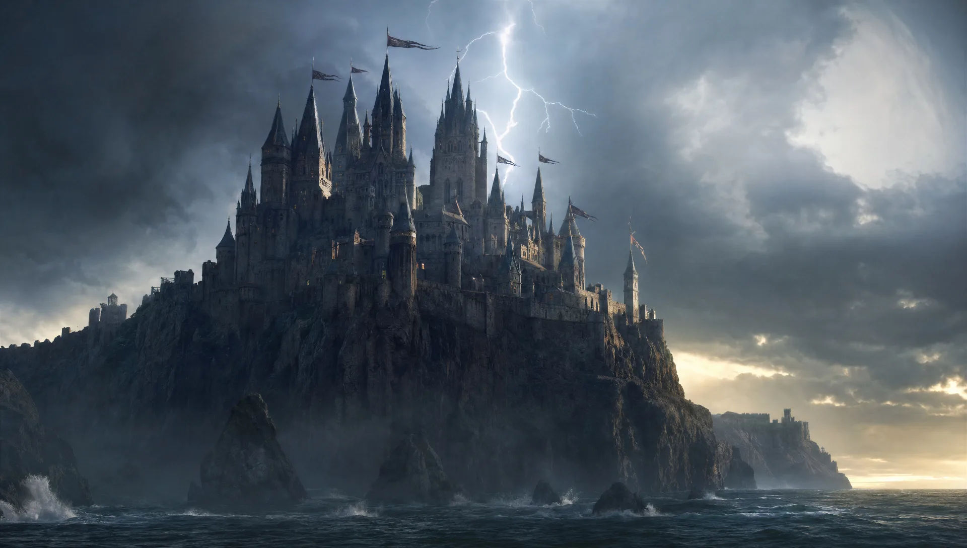 Castillo en un acantilado azotado por la tormenta