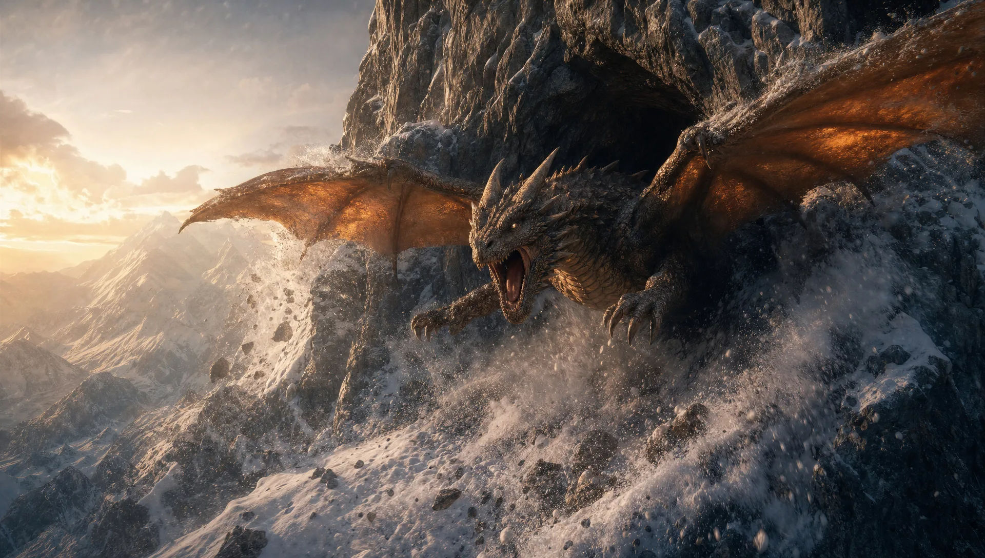Dragon rising from a mountain lair