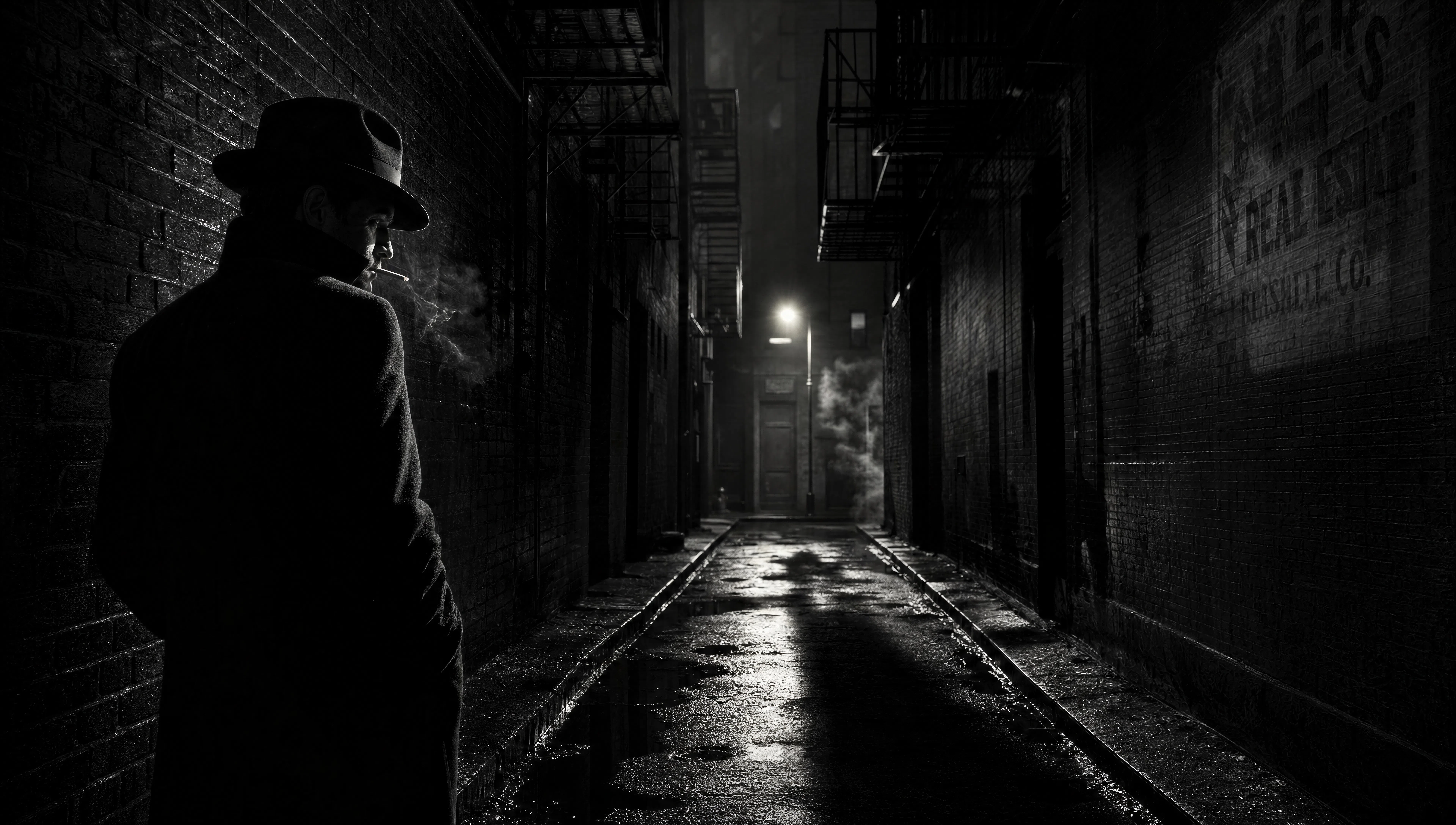 Wet alley under one sodium-yellow lamp
