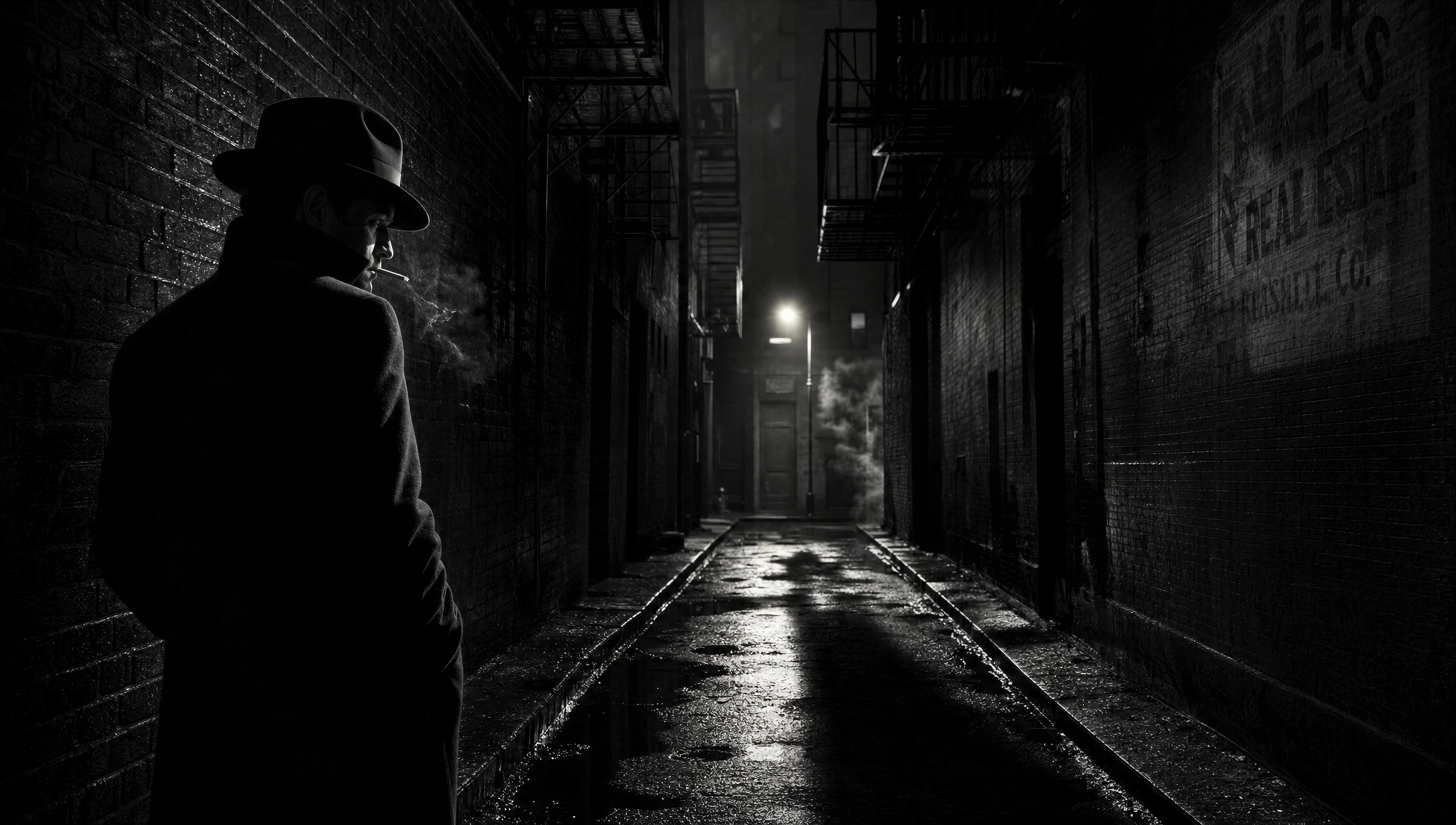 Wet alley under one sodium-yellow lamp