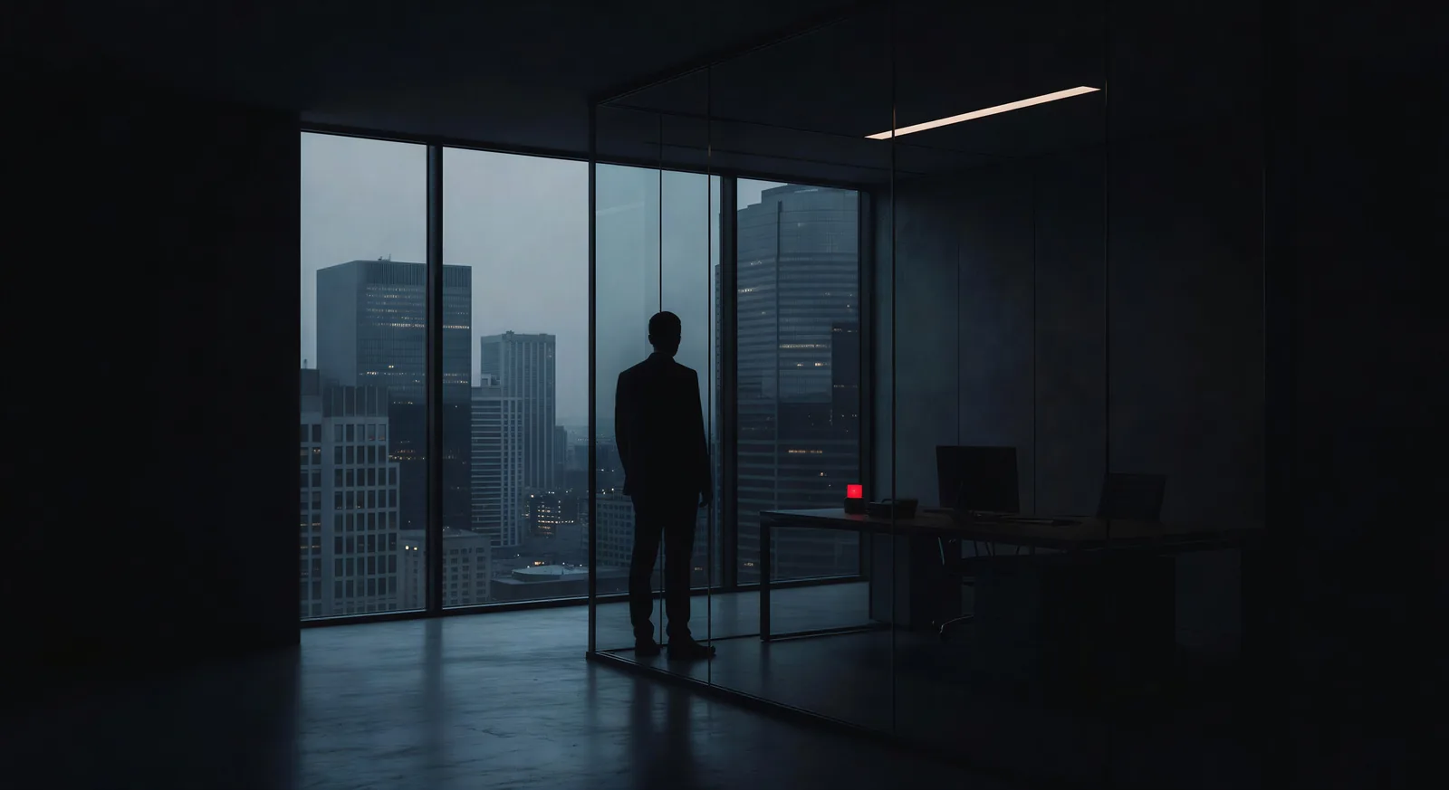 Glass corner office, backlit silhouette