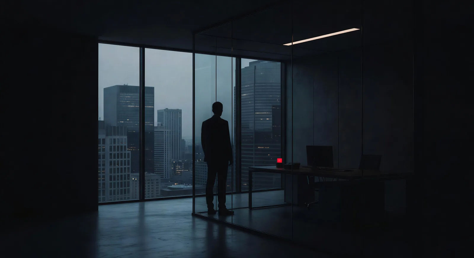 Glass corner office, backlit silhouette