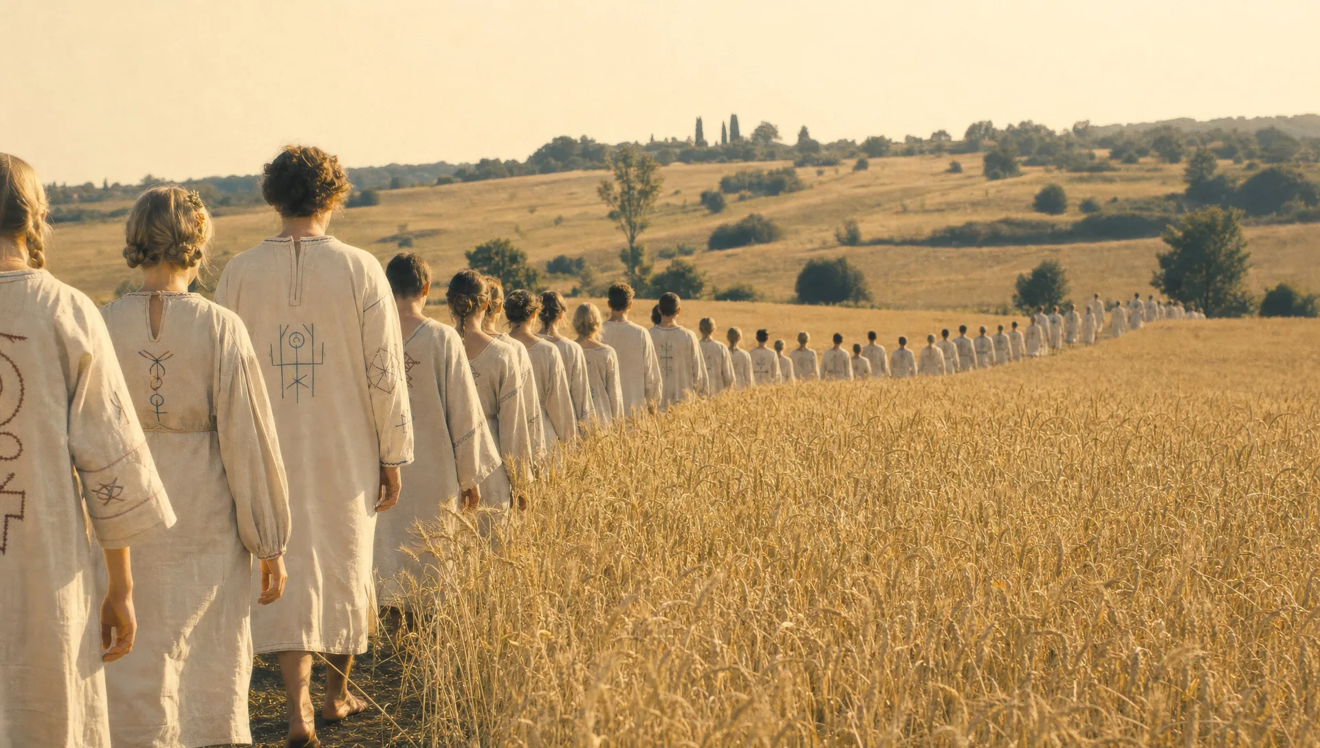Cornfield procession at golden hour