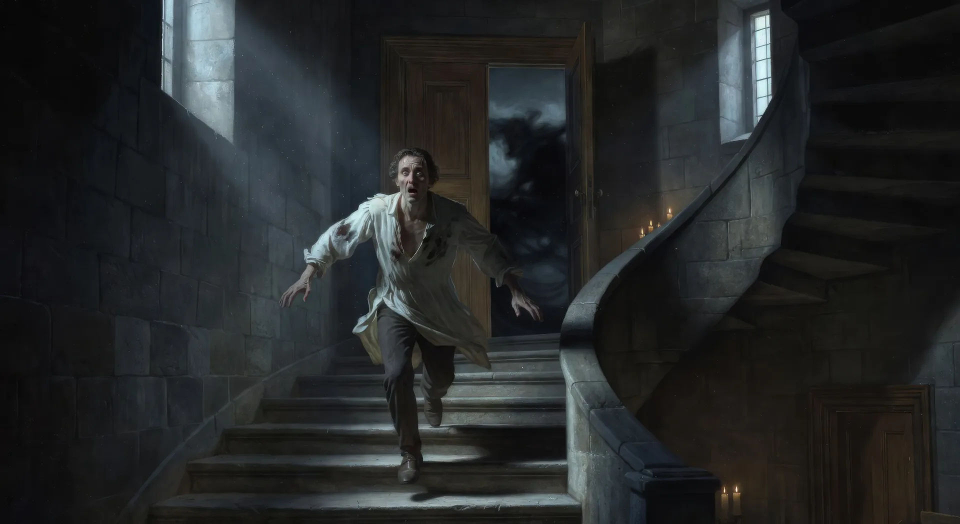 Victor flees down the staircase