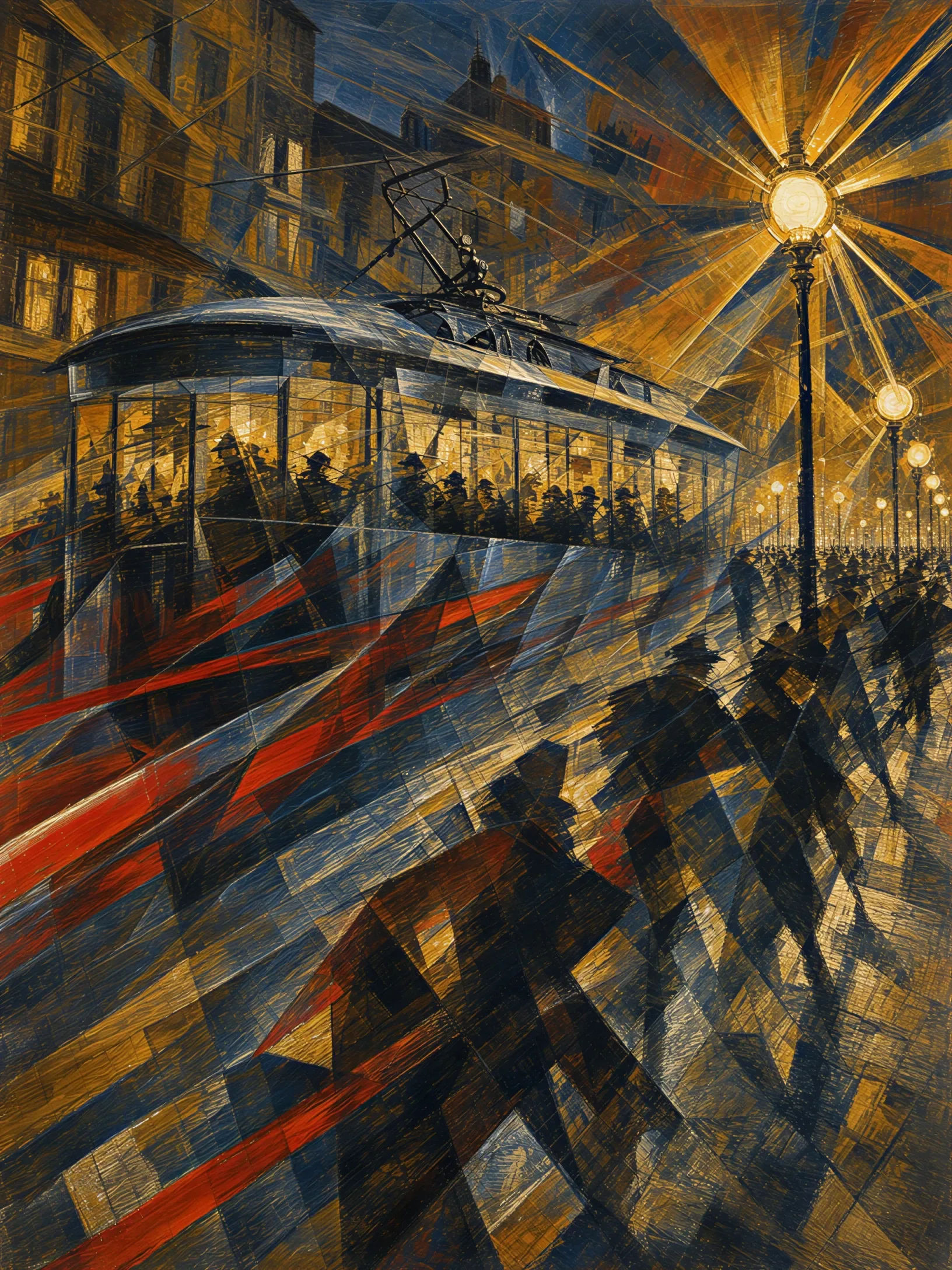 Street at evening with electric tram