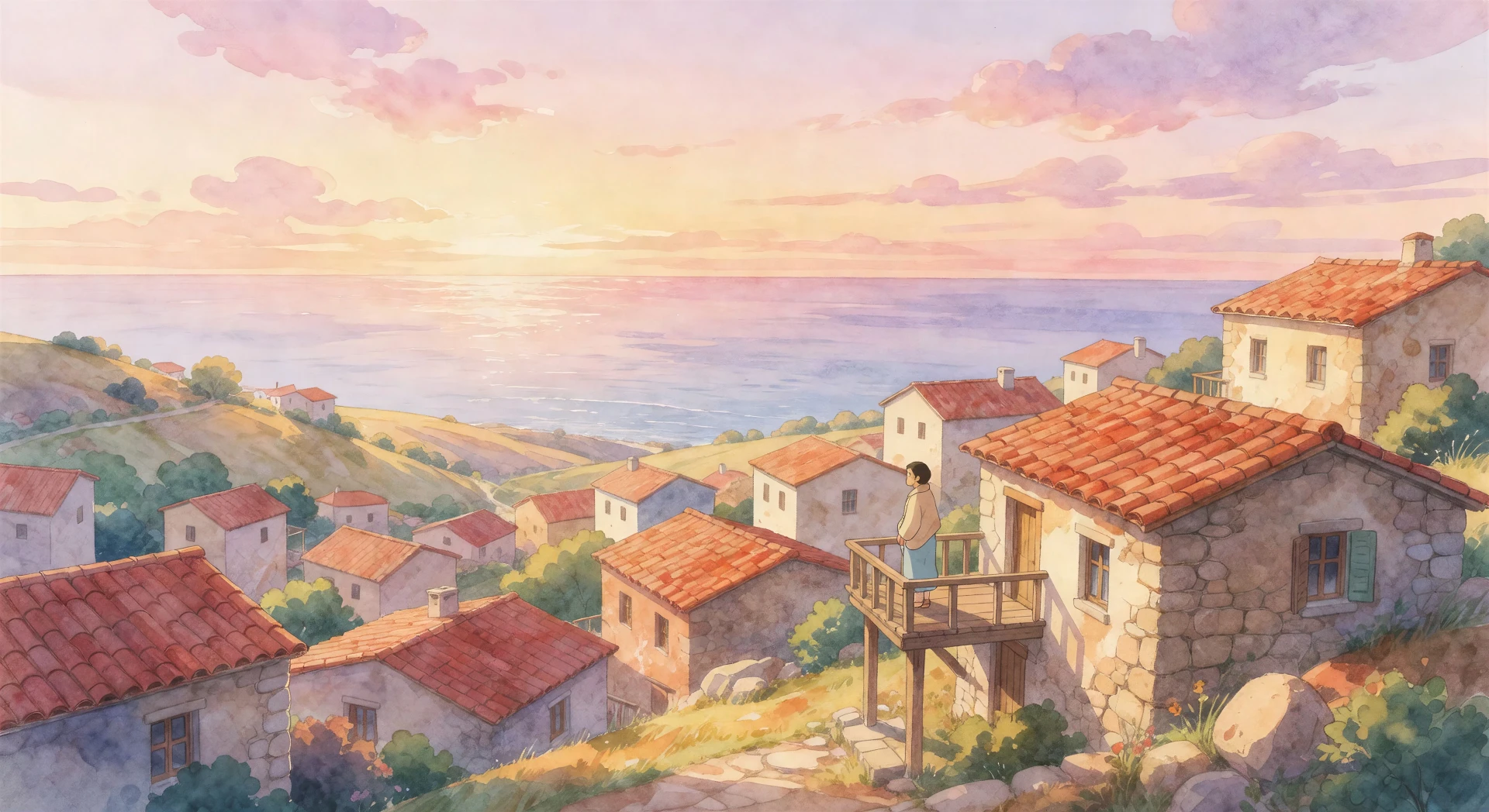 Coastal village rooftop view at dawn