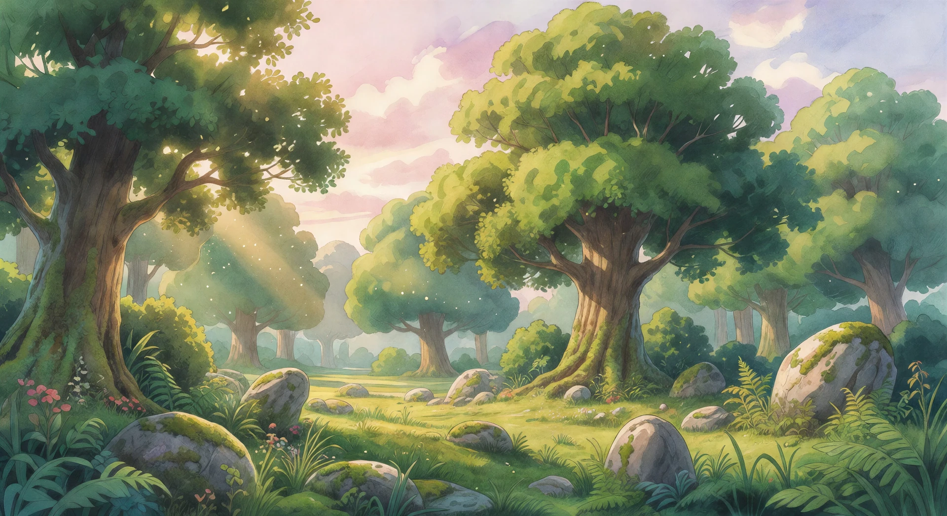 Forest clearing with sun shafts