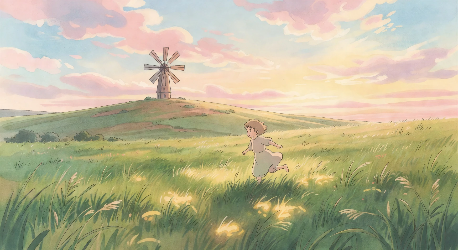 Meadow with windmill at golden hour