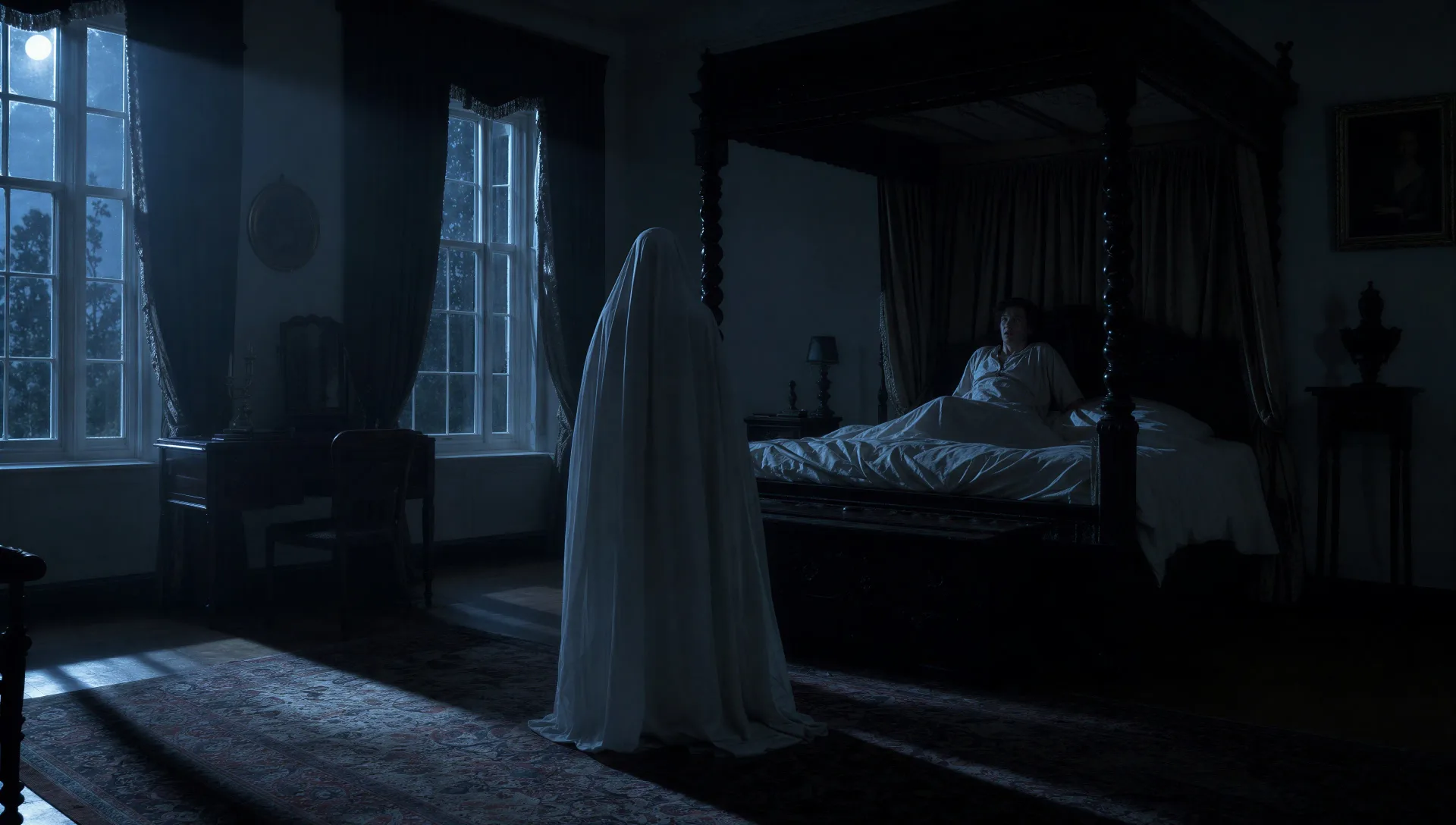 White-sheet apparition at the foot of a bed
