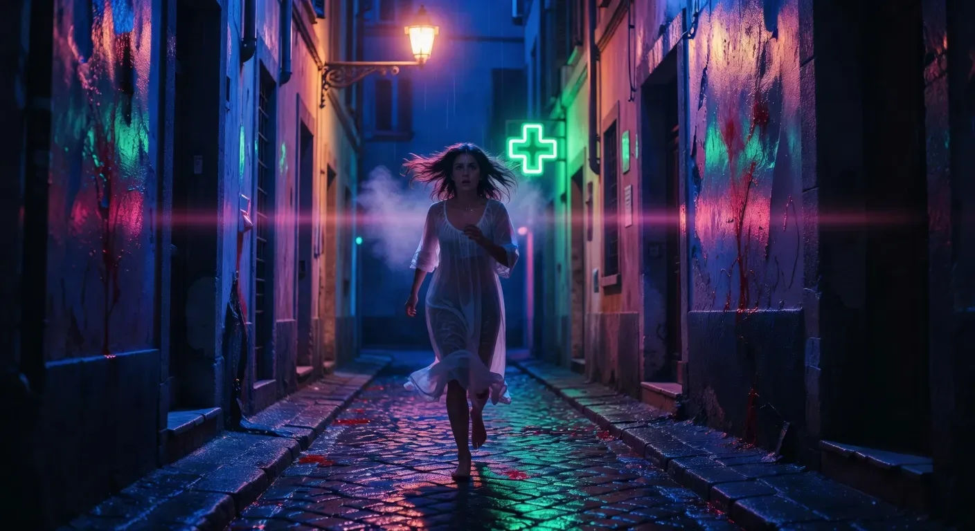 Final girl on rain-slick cobblestones
