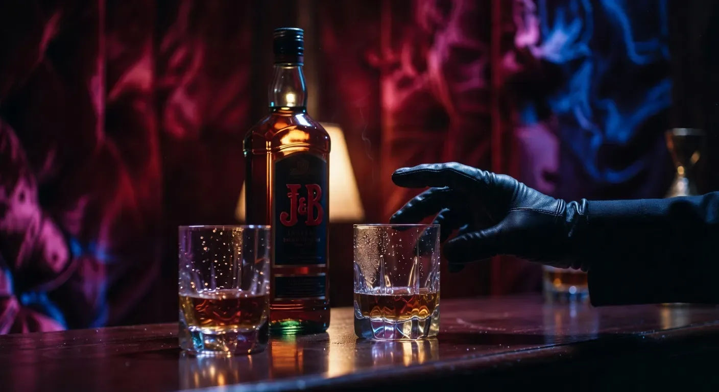 J&B bottle backlit on a velvet bar