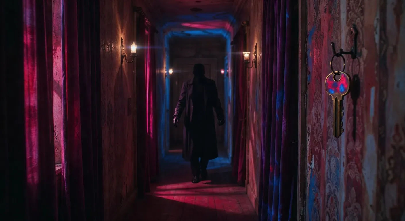 Black-gloved killer in a magenta corridor