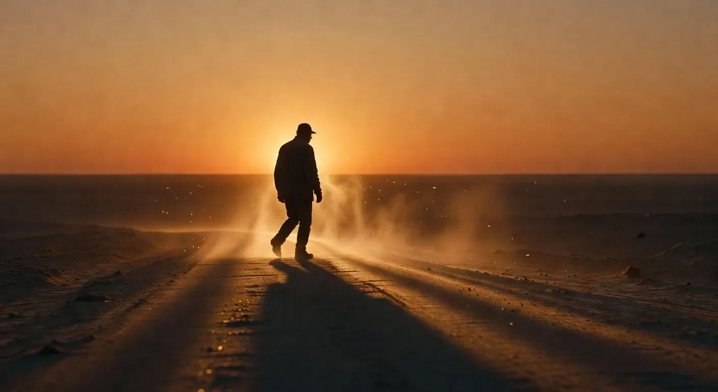 Im Gegenlicht bei 4300K umrissene Silhouette auf einer Staubstraße