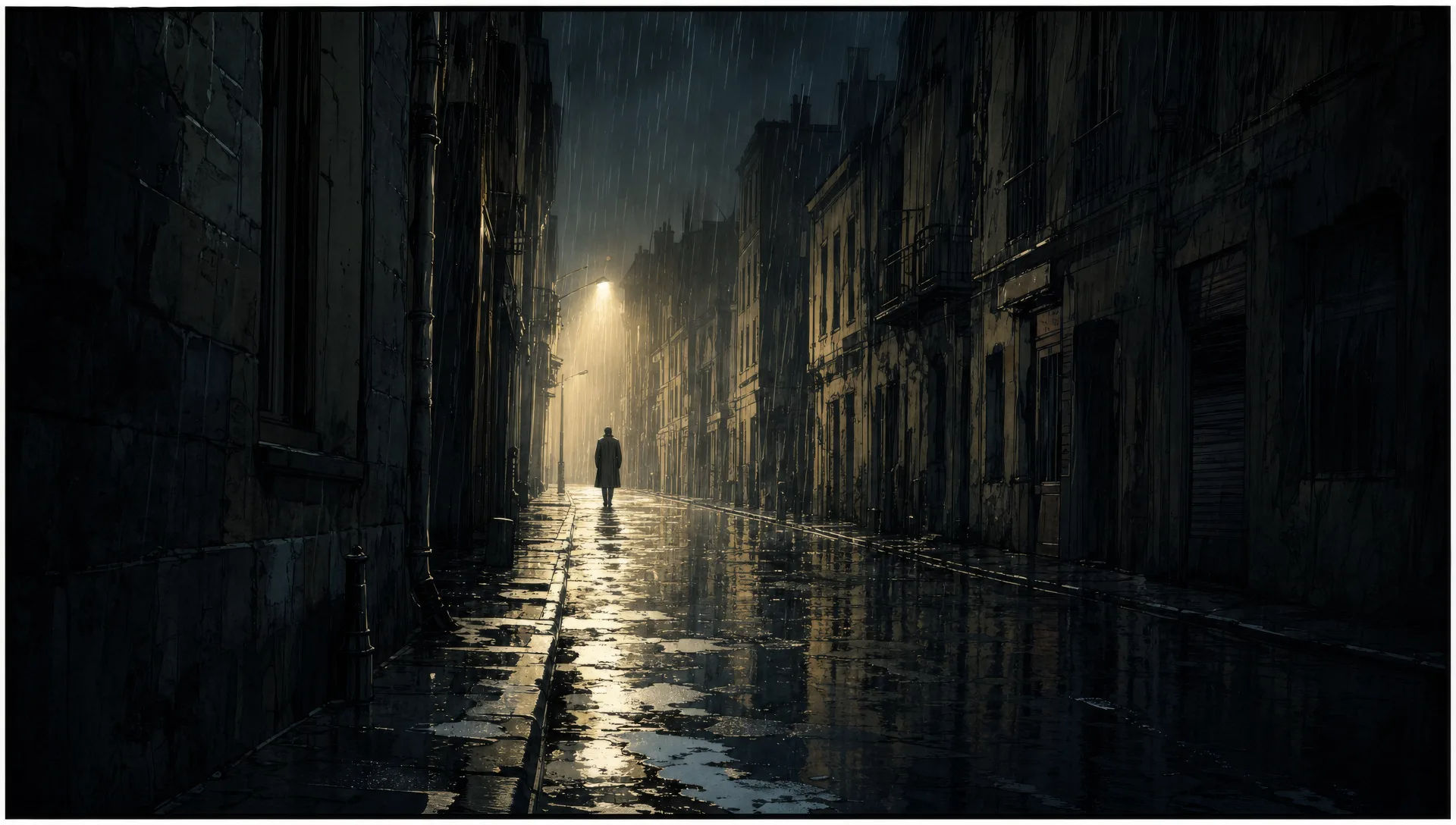 Rain-soaked city panel