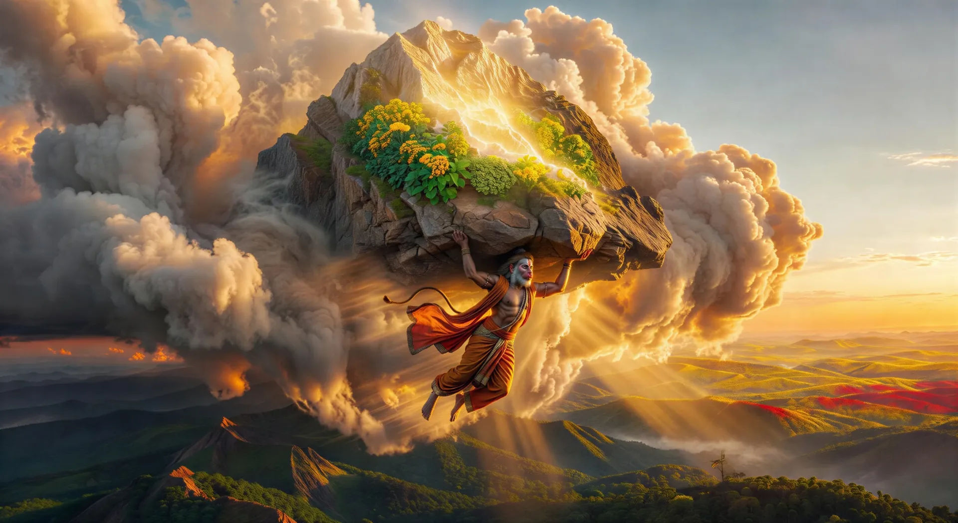 Hanuman ergue a montanha Sanjeevani