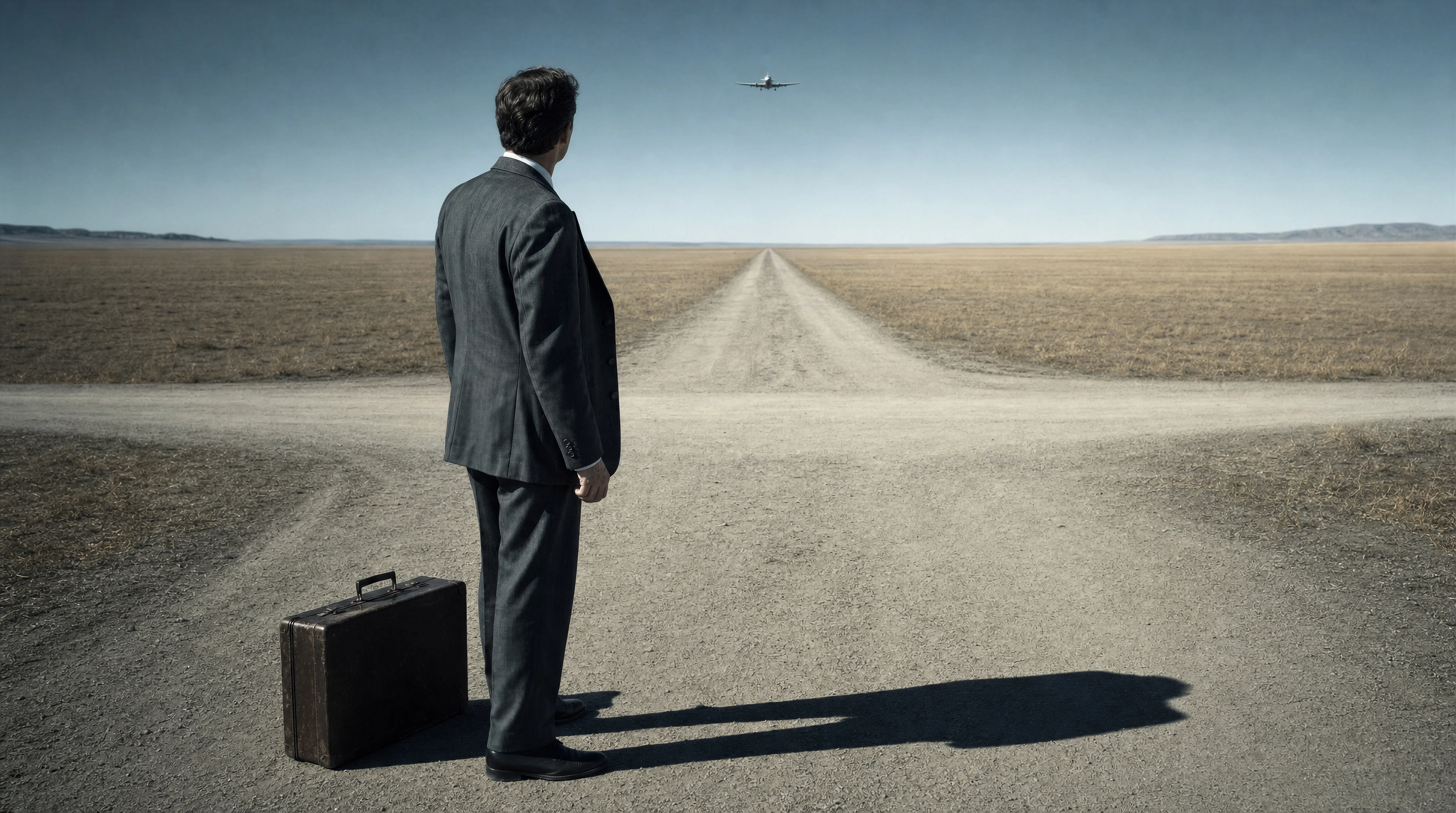 A lone figure on an empty flat plain
