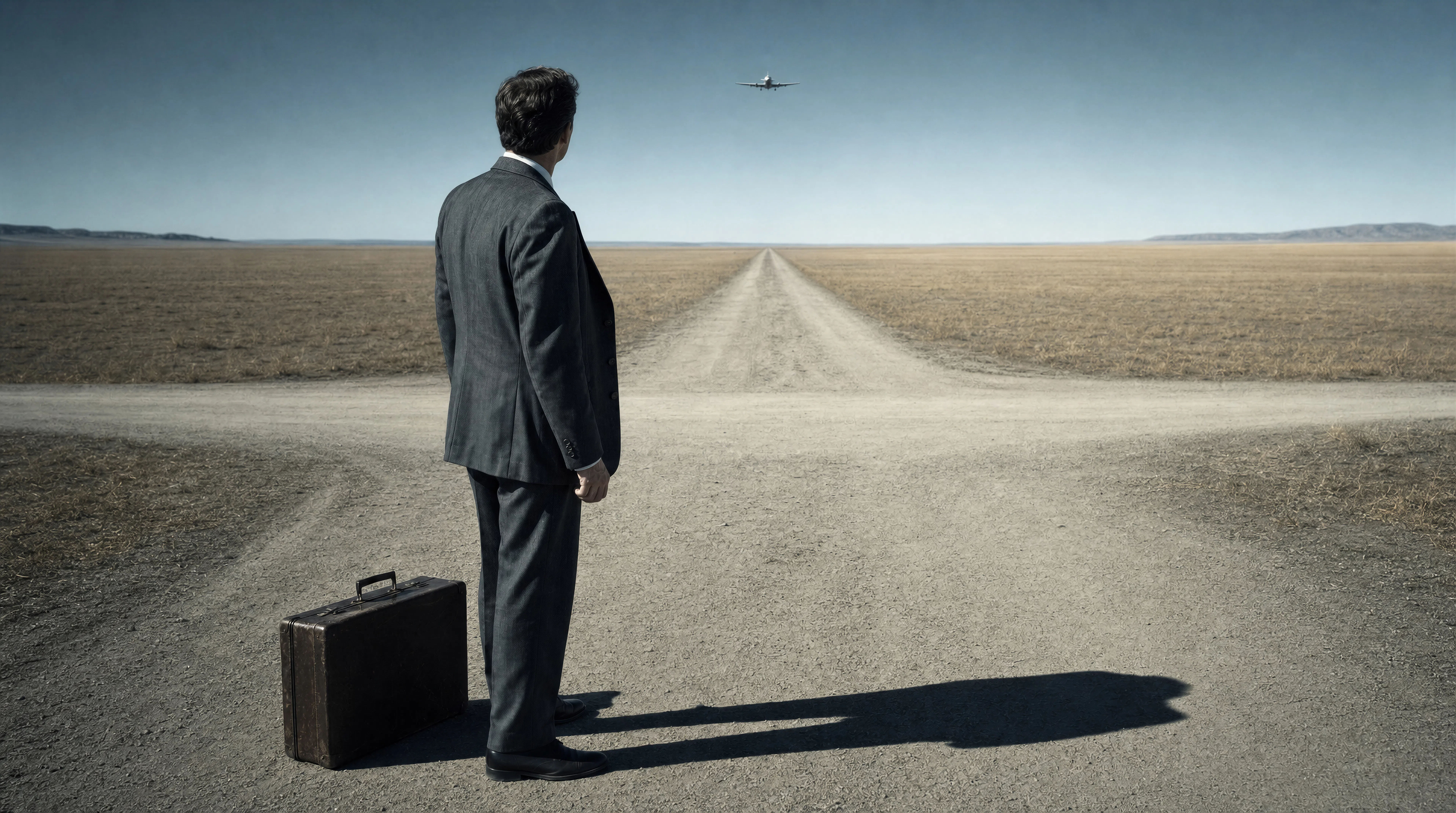 A lone figure on an empty flat plain